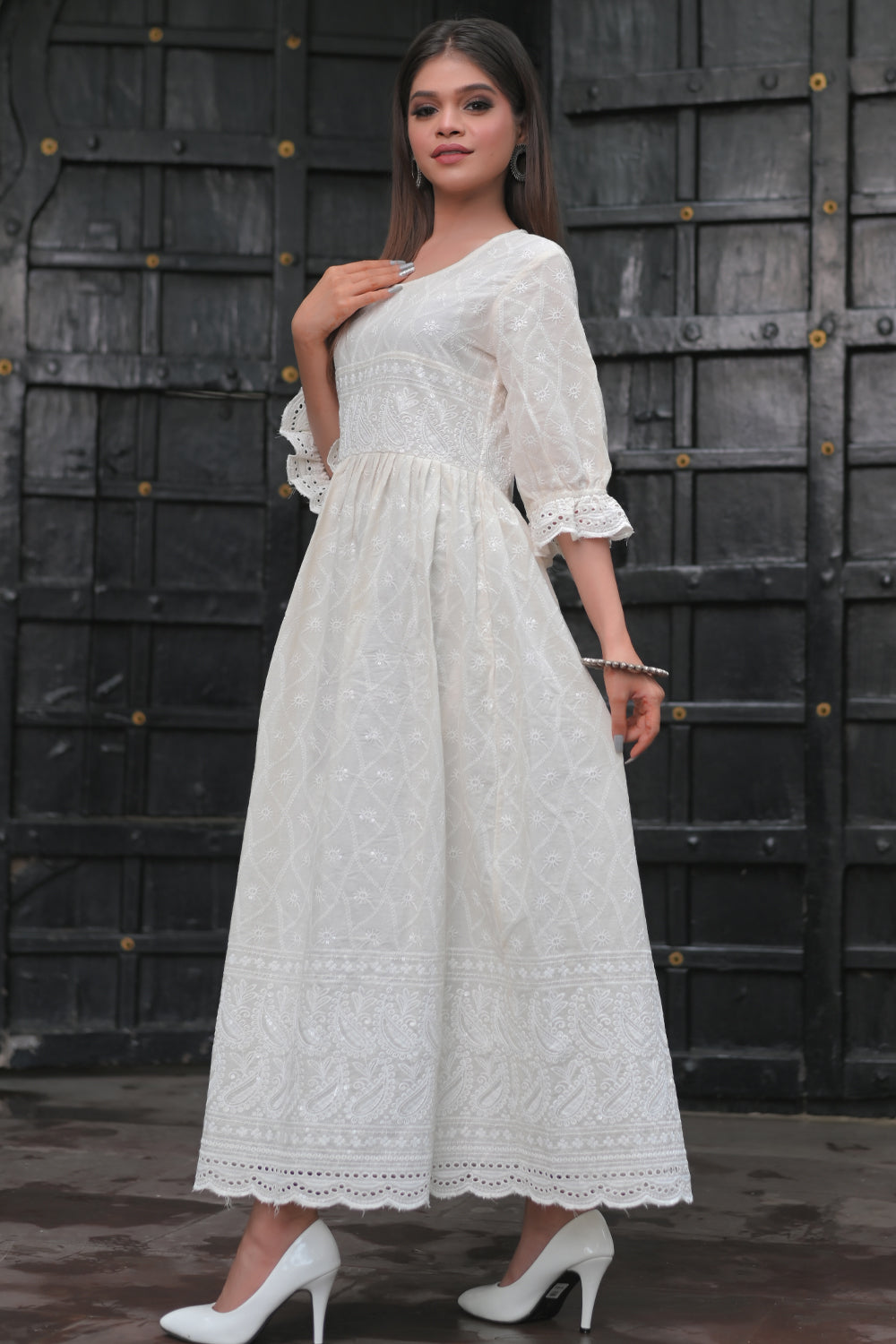 Sea Shell Chikankari Style Dress with Puff Sleeves and Eyelet Border | Made To Order