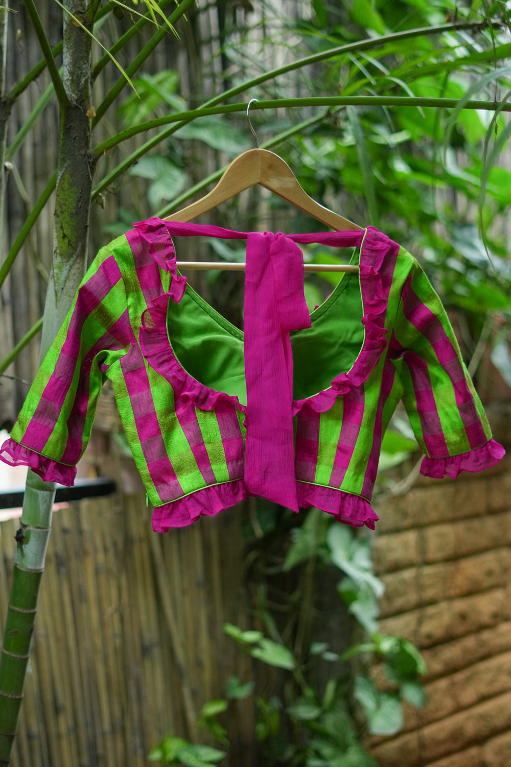 Green pink checked pure rawsilk V neck blouse with chiffon frills