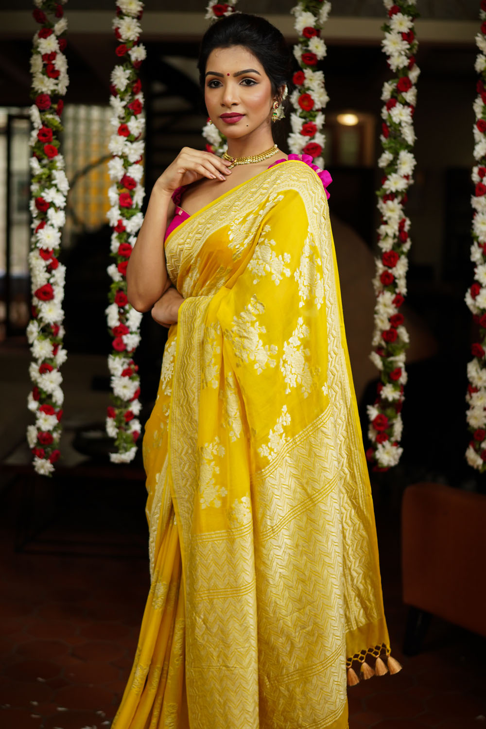 Yellow pure silk georgette with rose jaal / SILK MARK CERTIFIED