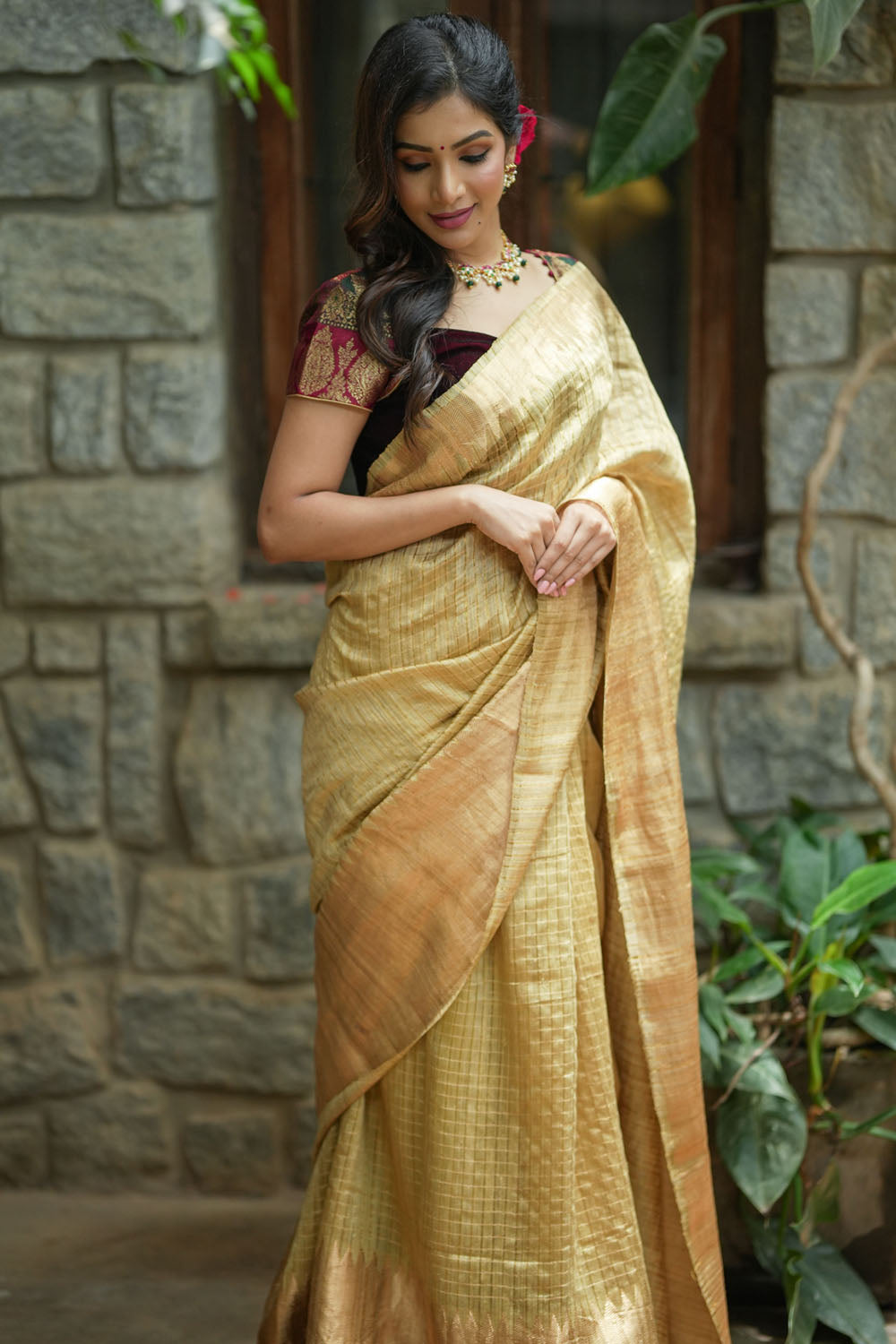 Matka Silk Saree in Gold with Zari Checks and Wide Zari Temple Border | SILK MARK CERTIFIED