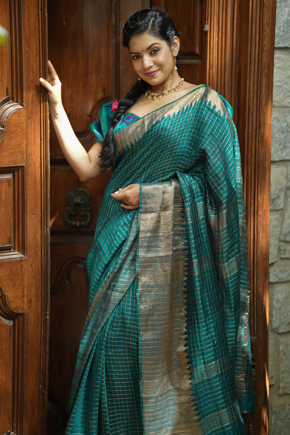 Rama green matka silk with zari checks and wide zari temple border Saree