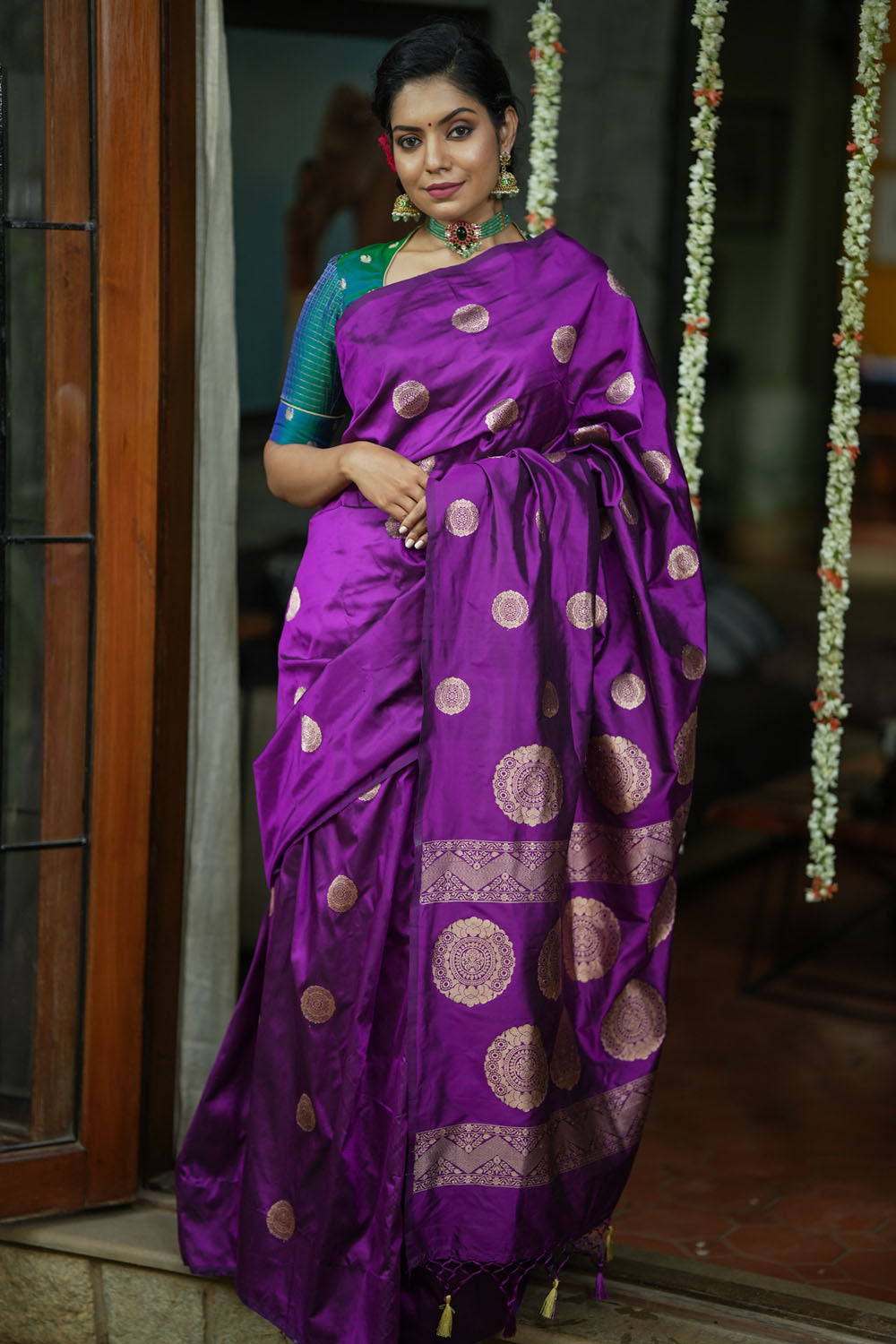 Borderless Banarasi Pure Katan Silk Saree in Purple with mandala motifs | SILK MARK CERTIFIED