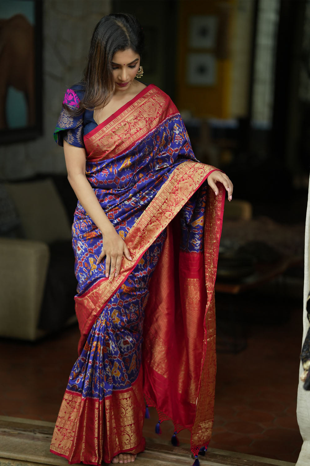 Blue Red Ikkat Patola and Kanjivaram Pure Silk Fusion Saree in SILK MARK CERTIFIED