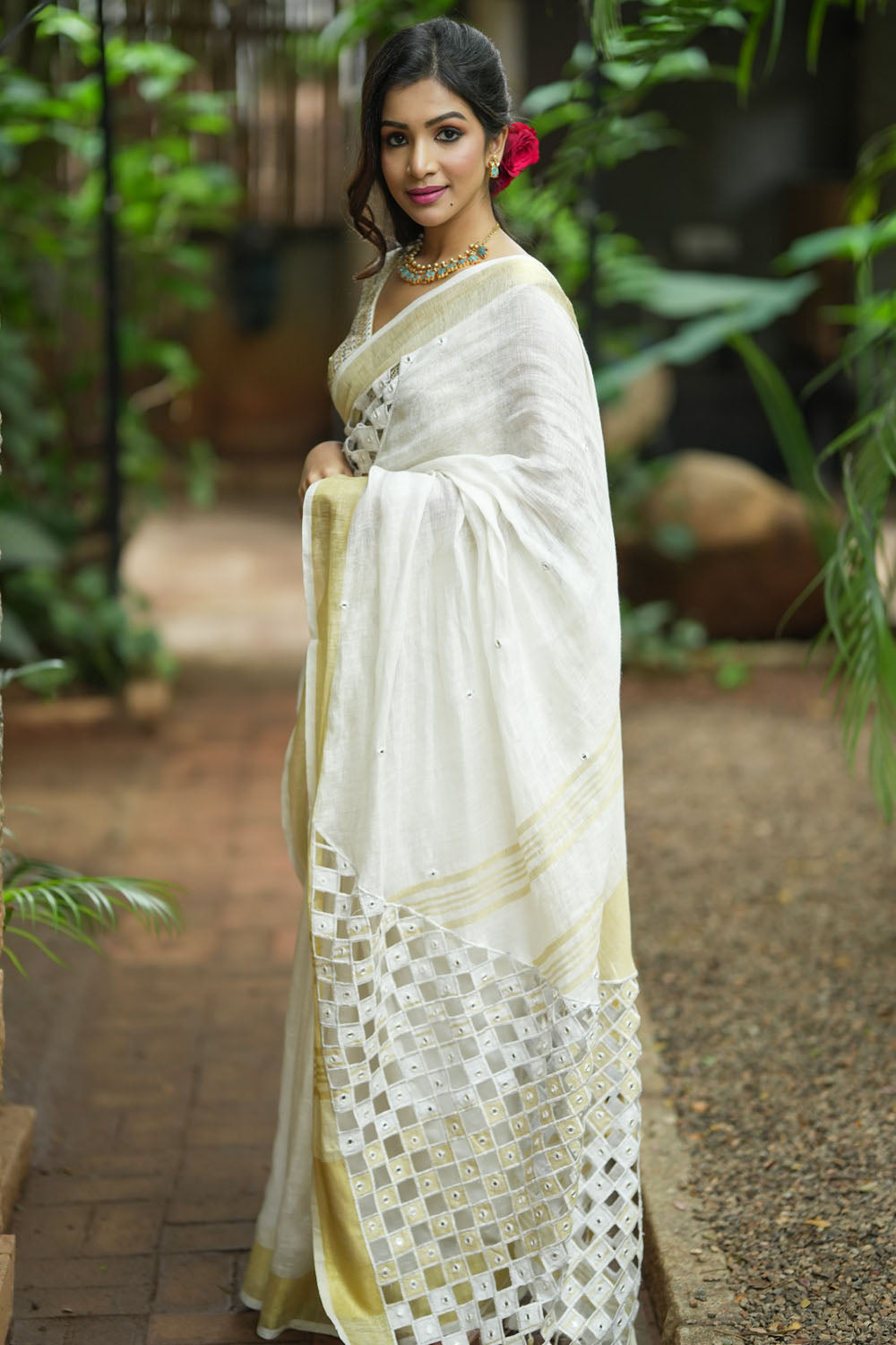 Cutwork and Mirror Work Linen  Saree in Chalk White