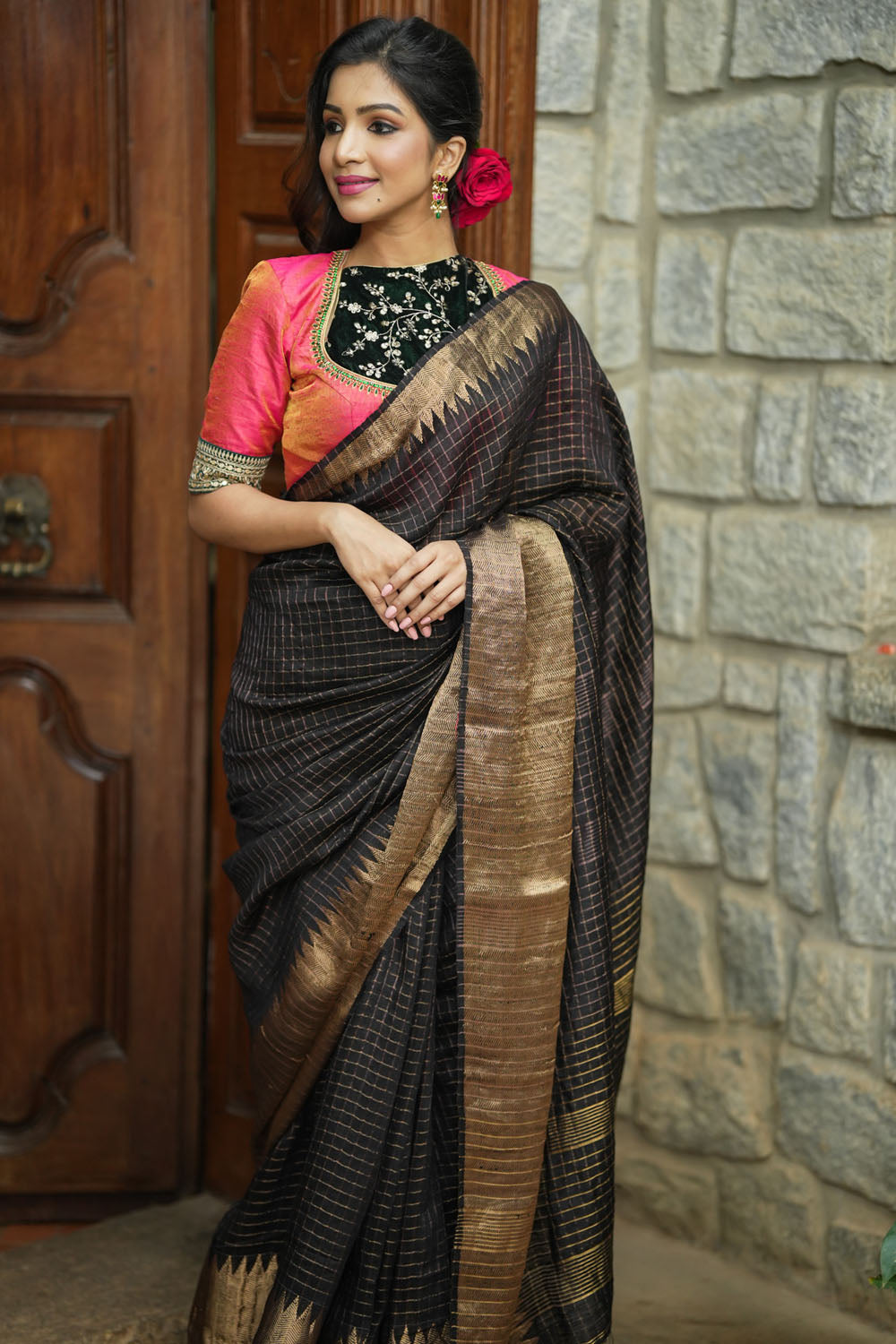 Matka Silk Saree in Black with Zari Checks and Wide Zari Temple Border | SILK MARK CERTIFIED