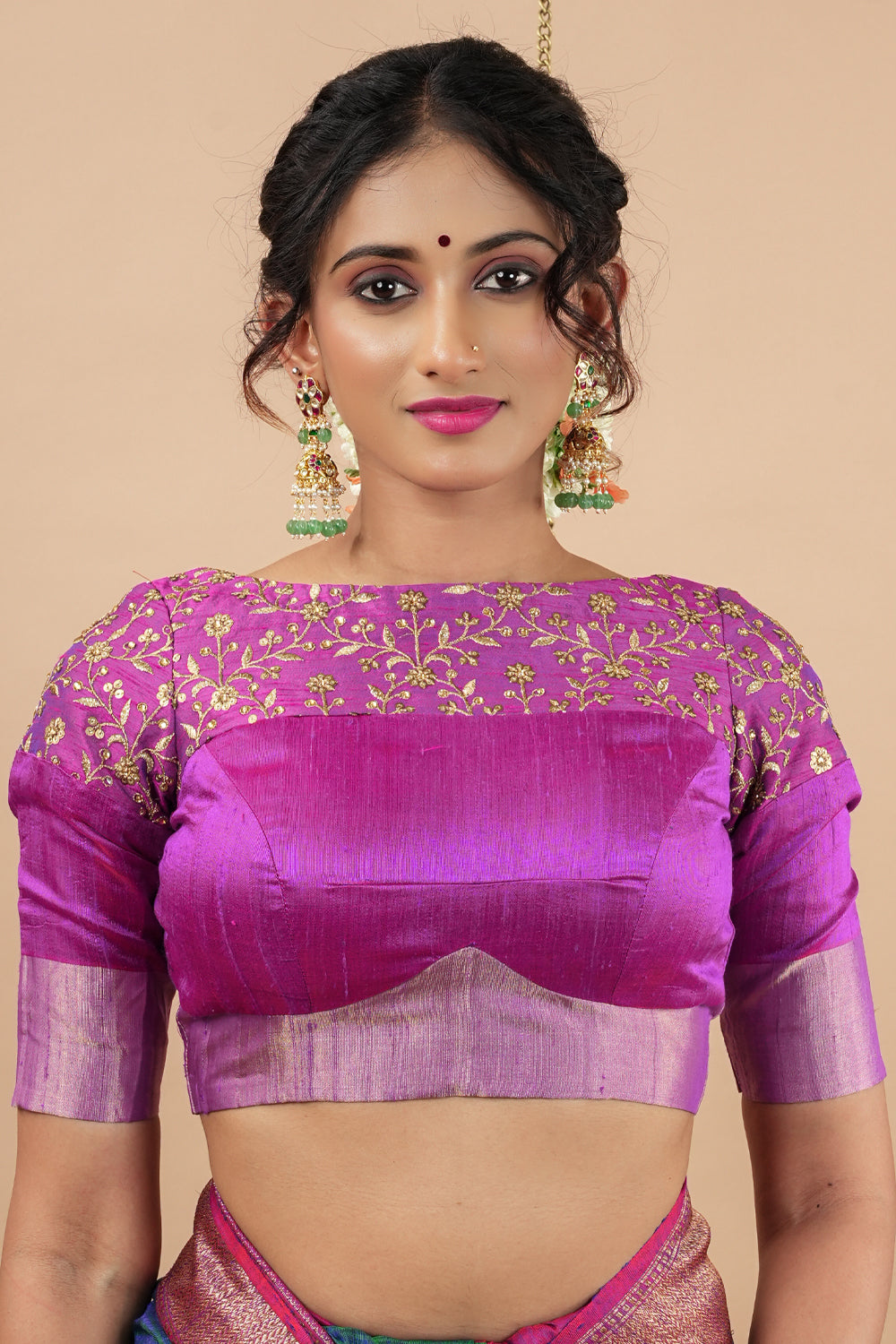 Pure Raw Silk Blouse in Purple with golden Jaal embroidered Yoke,Made to Order