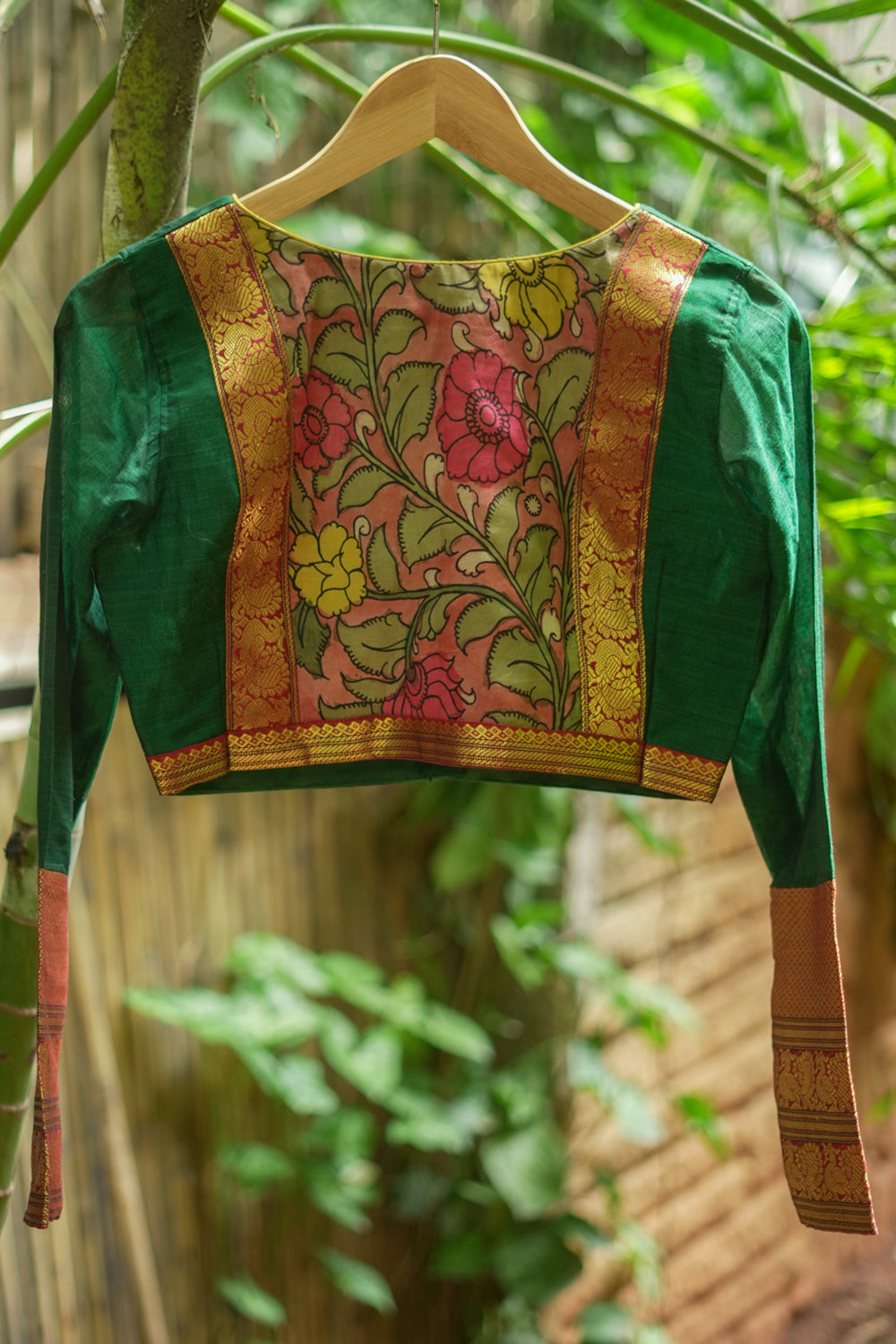 Emerald green full sleeve narayanpet cotton sweetheart neck blouse with kalamkari panel