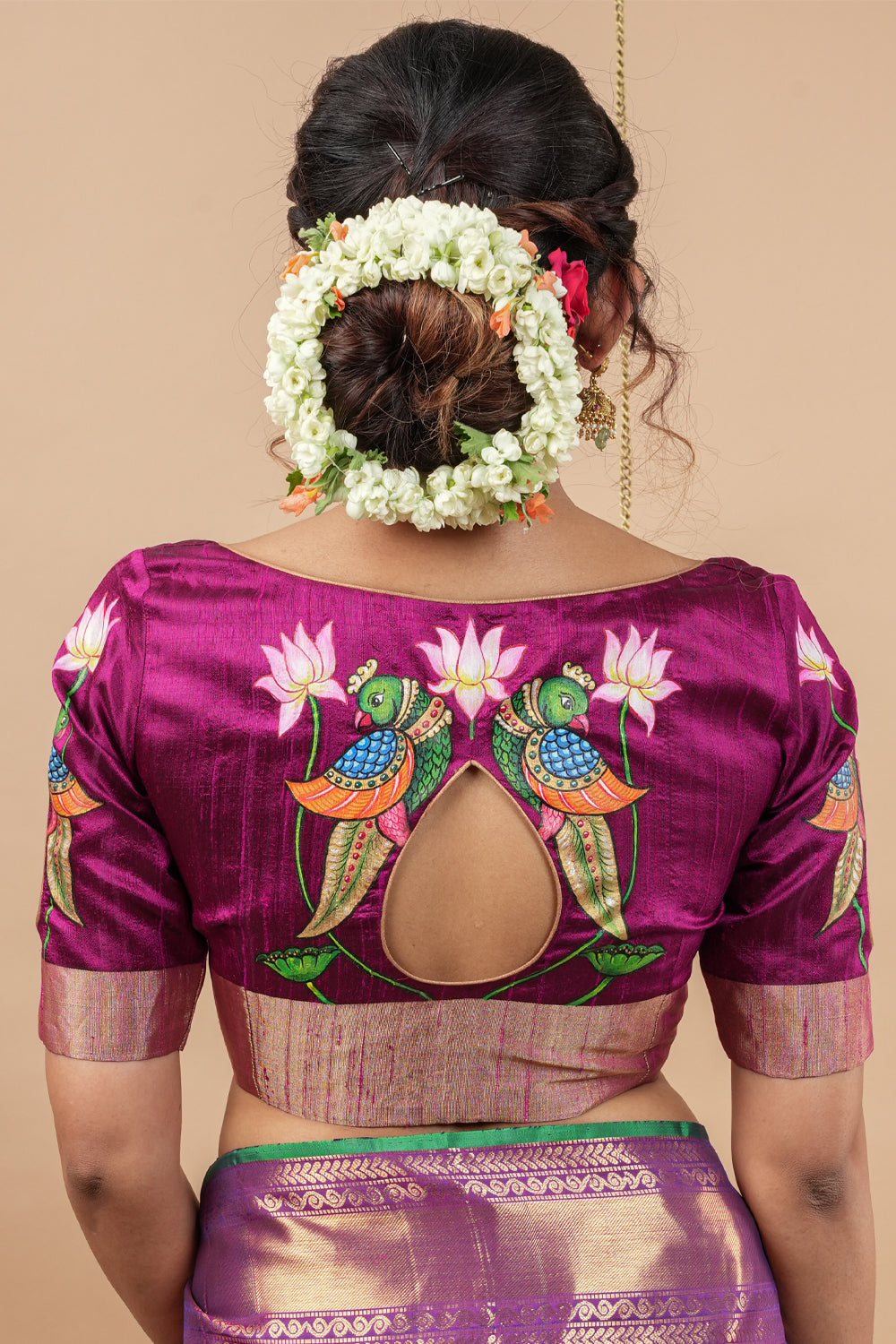 Tanjore Parrots - Pure Raw silk blouse with Handpainting and cutout design, Made to Order