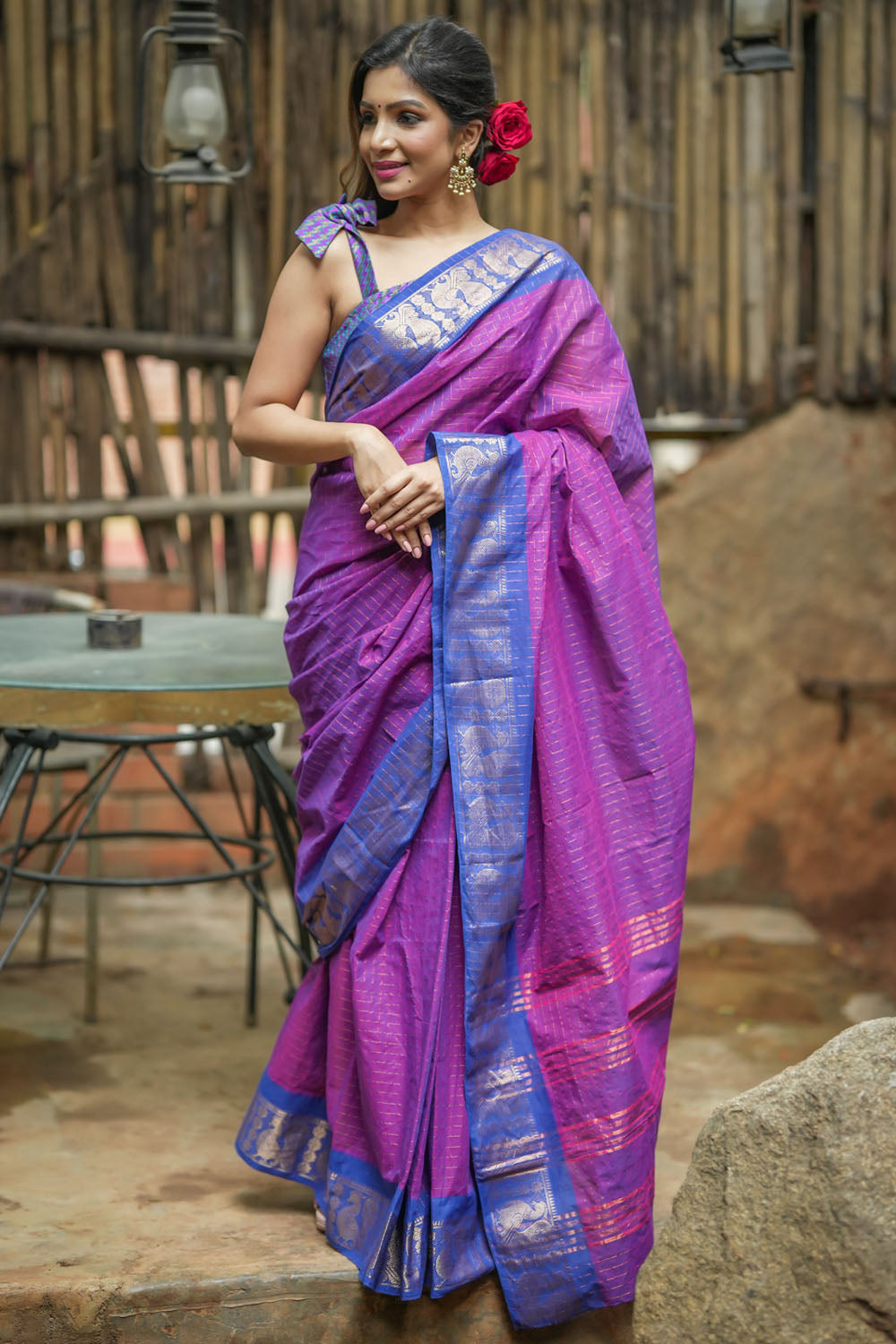 Dual tone plum chettinadu Cotton Zari Checks Saree