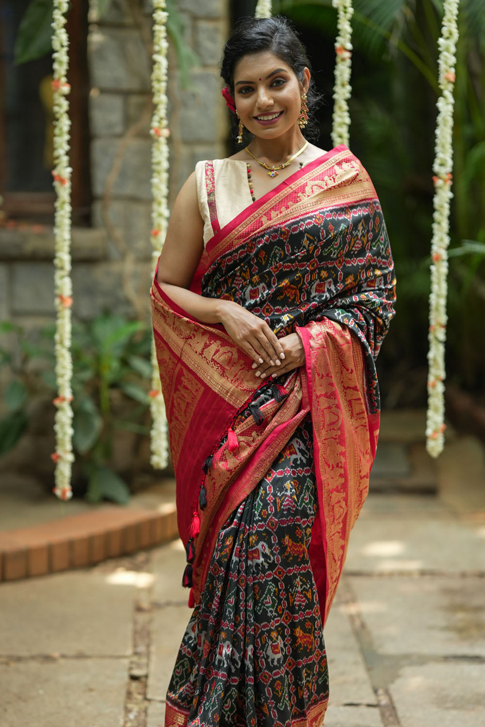 Ikkat Kanjivaram Fusion Silk Saree in Black & Red with Wide Zari Border | SILK MARK CERTIFIED