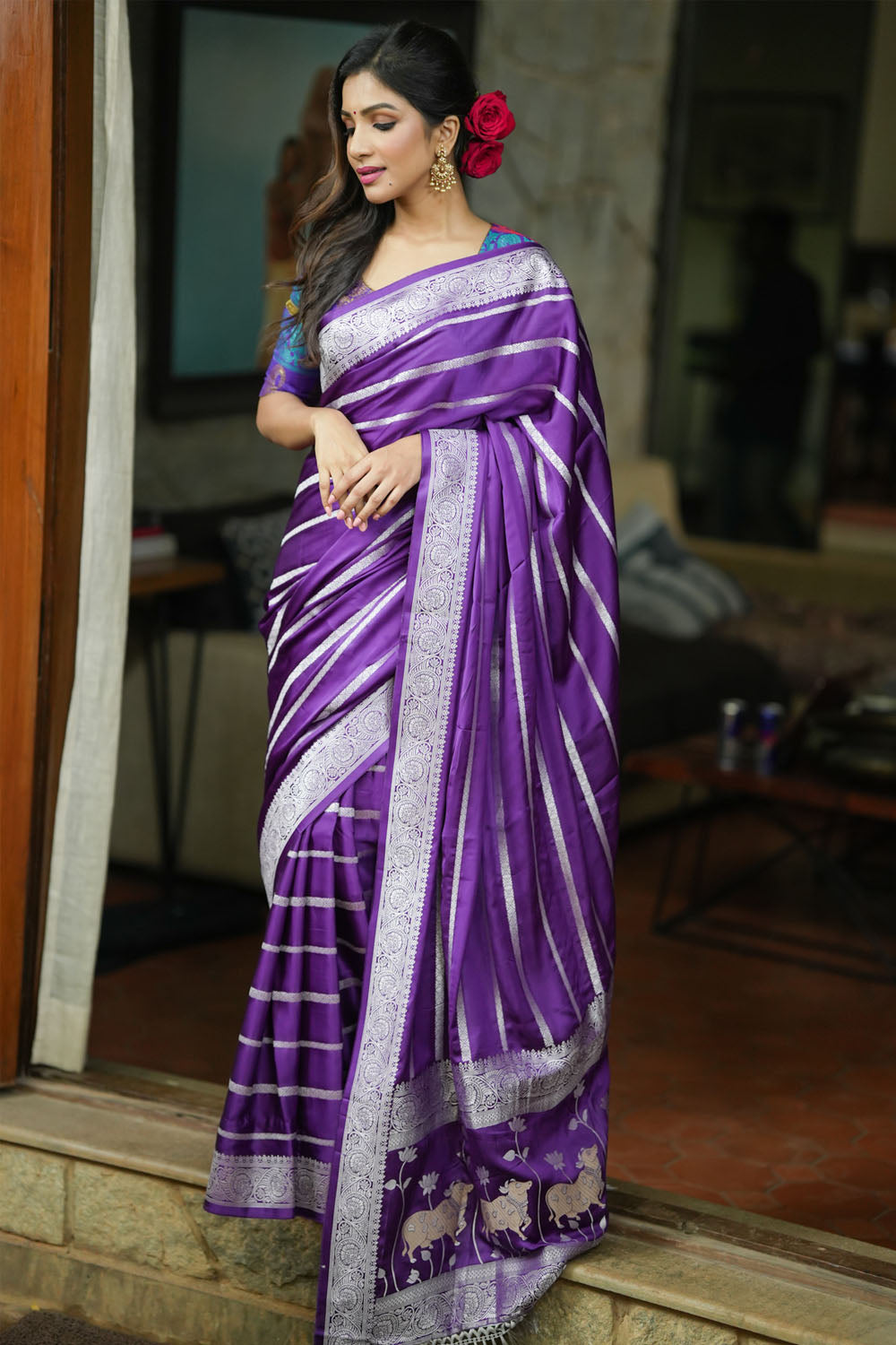 Purple viscose Satin Saree With Silver Zari Stripes and Pichwai Pallu