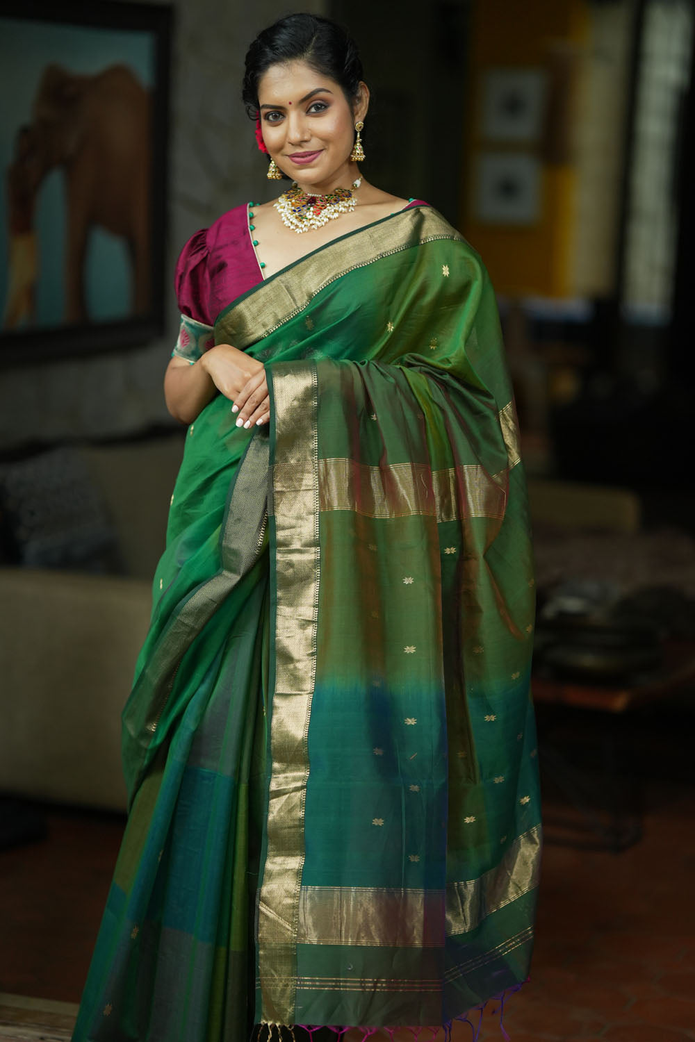 Green Handwoven zari Maheshwari Silk Cotton Saree in Multicolor with Checks Pattern