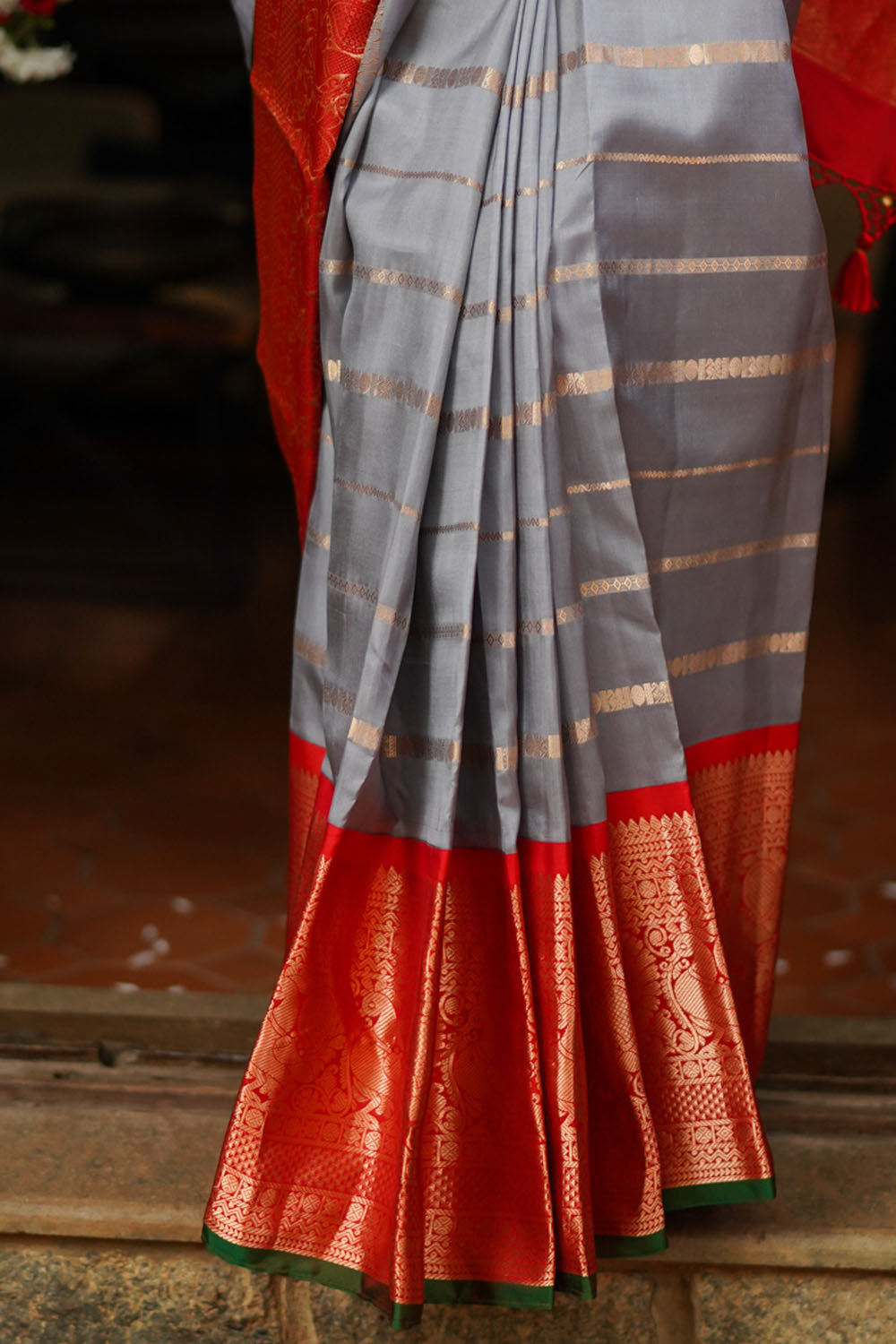 Gray Korvai Kanjivaram Pure Silk Saree with zari Stripes & wide Zari Border | SILK MARK CERTIFIED