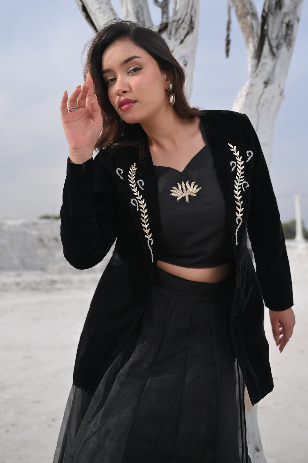 Saira Black Velvet Blazer with Handcrafted Embellishments, Made to Order