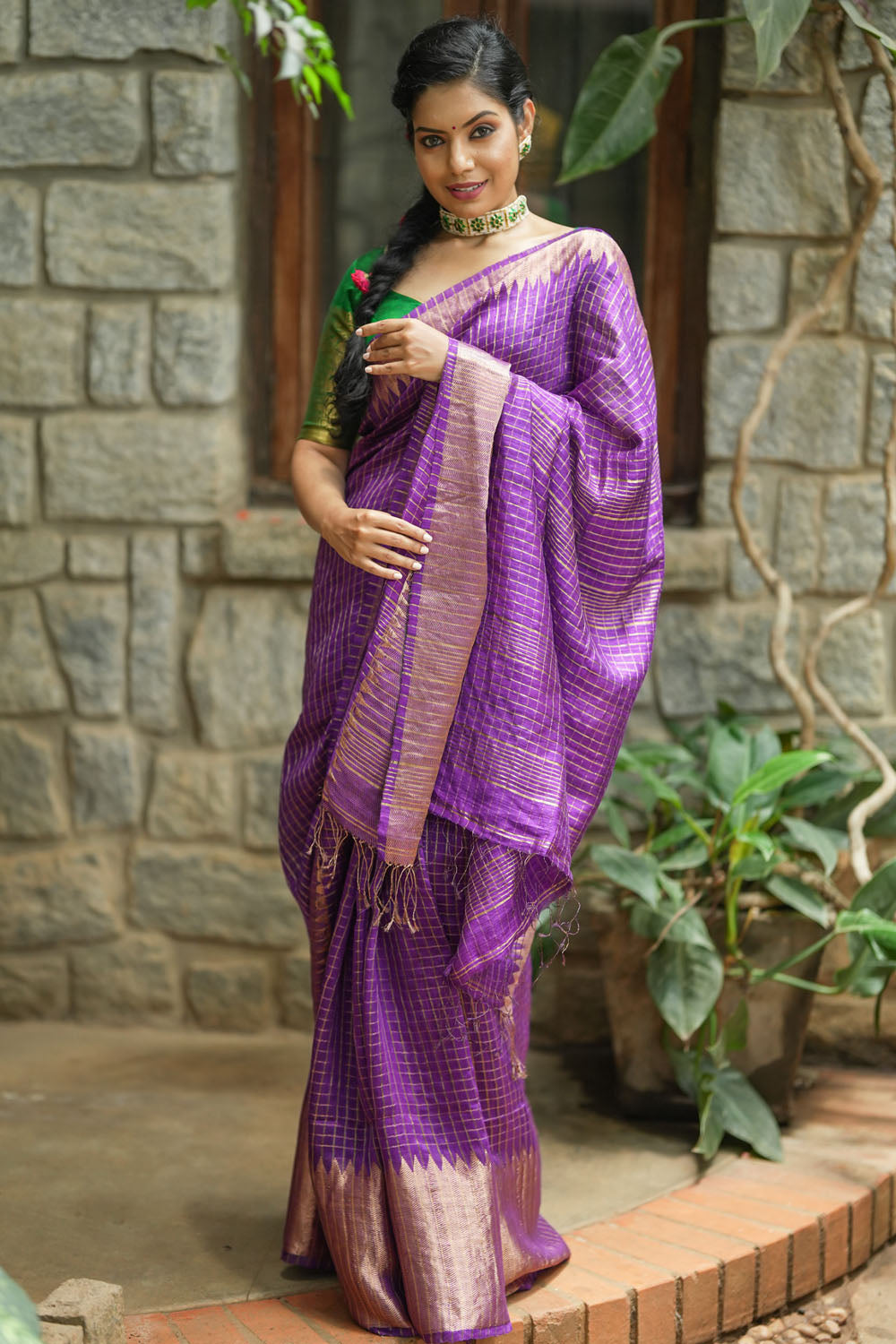 Matka Silk Saree in Purple with Zari Checks and Wide Zari Temple Border | SILK MARK CERTIFIED