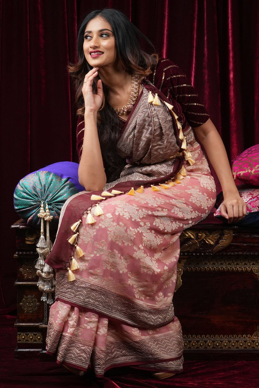Dusty Rose Pure Georgette Silk Banarasi Saree with rose Jaal Weave Zari | SILK MARK CERTIFIED