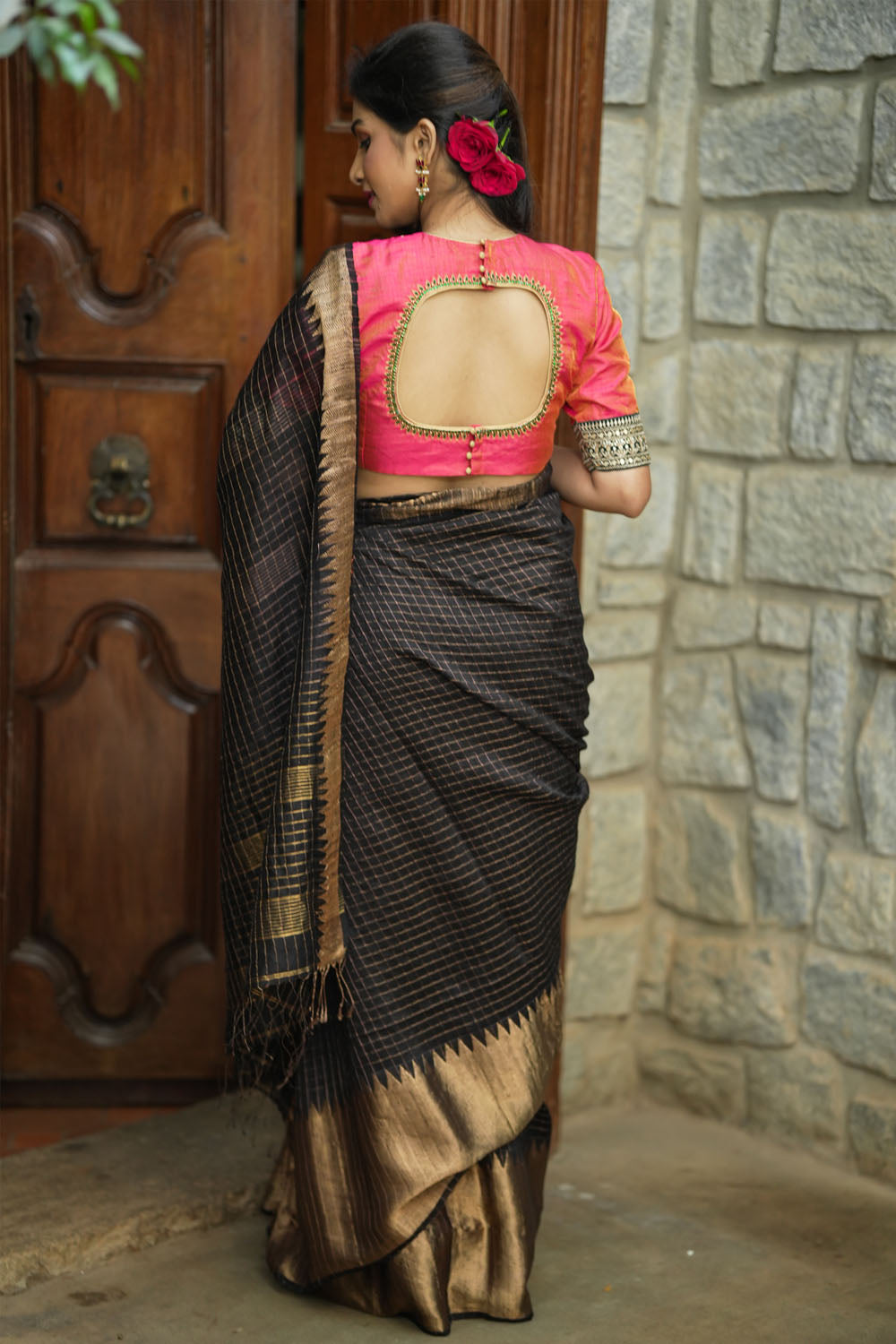 Matka Silk Saree in Black with Zari Checks and Wide Zari Temple Border | SILK MARK CERTIFIED