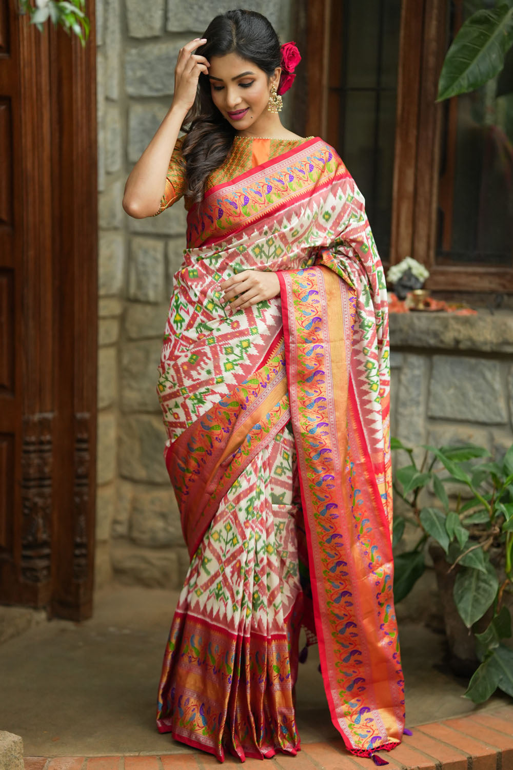 White & red exquisite Ikkat patola kanjivaram saree with paithani wide border
