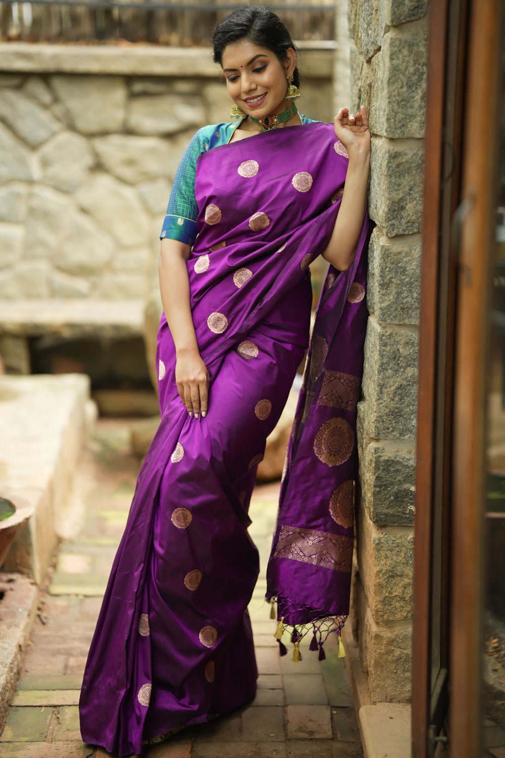 Borderless Banarasi Pure Katan Silk Saree in Purple with mandala motifs | SILK MARK CERTIFIED