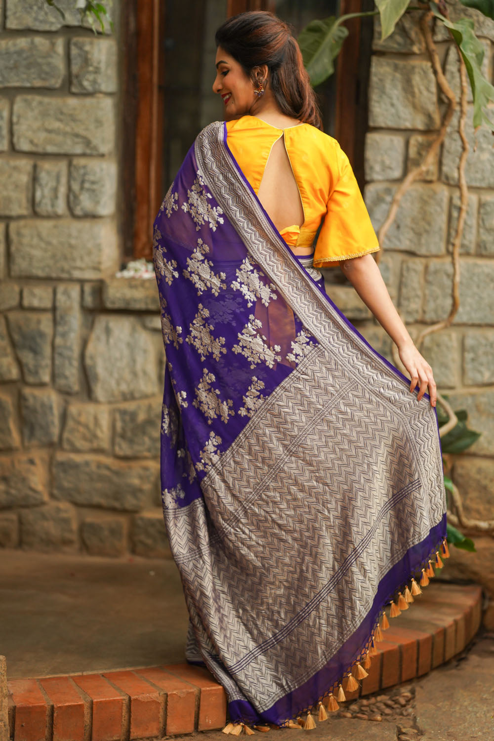 Purple Pure Silk Georgette Saree with Rose Jaal | SILK MARK CERTIFIED