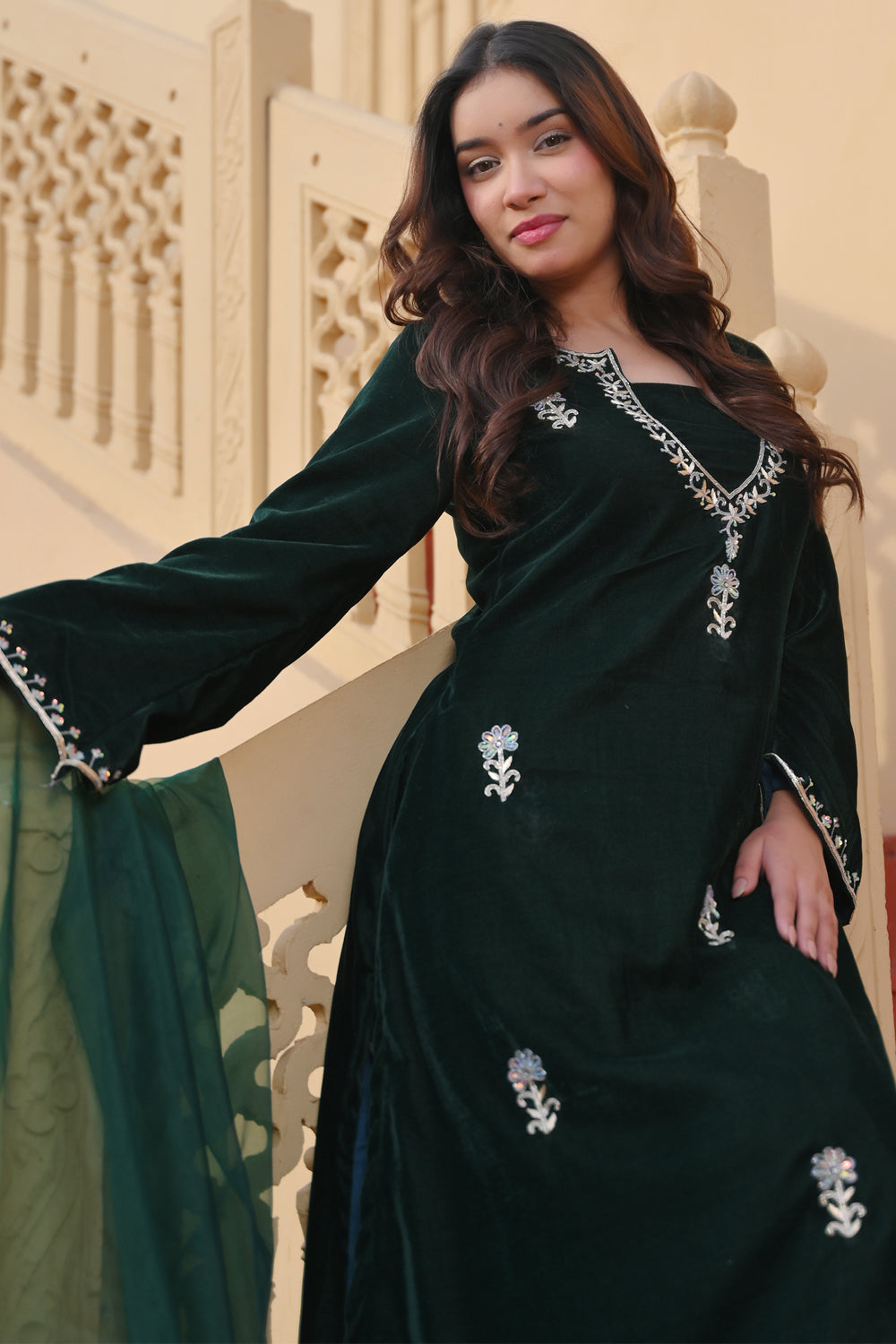 Chandramukhi Velvet Bottle Green Kurta and Organza Skirt Set 3 piece Set | Made To Order