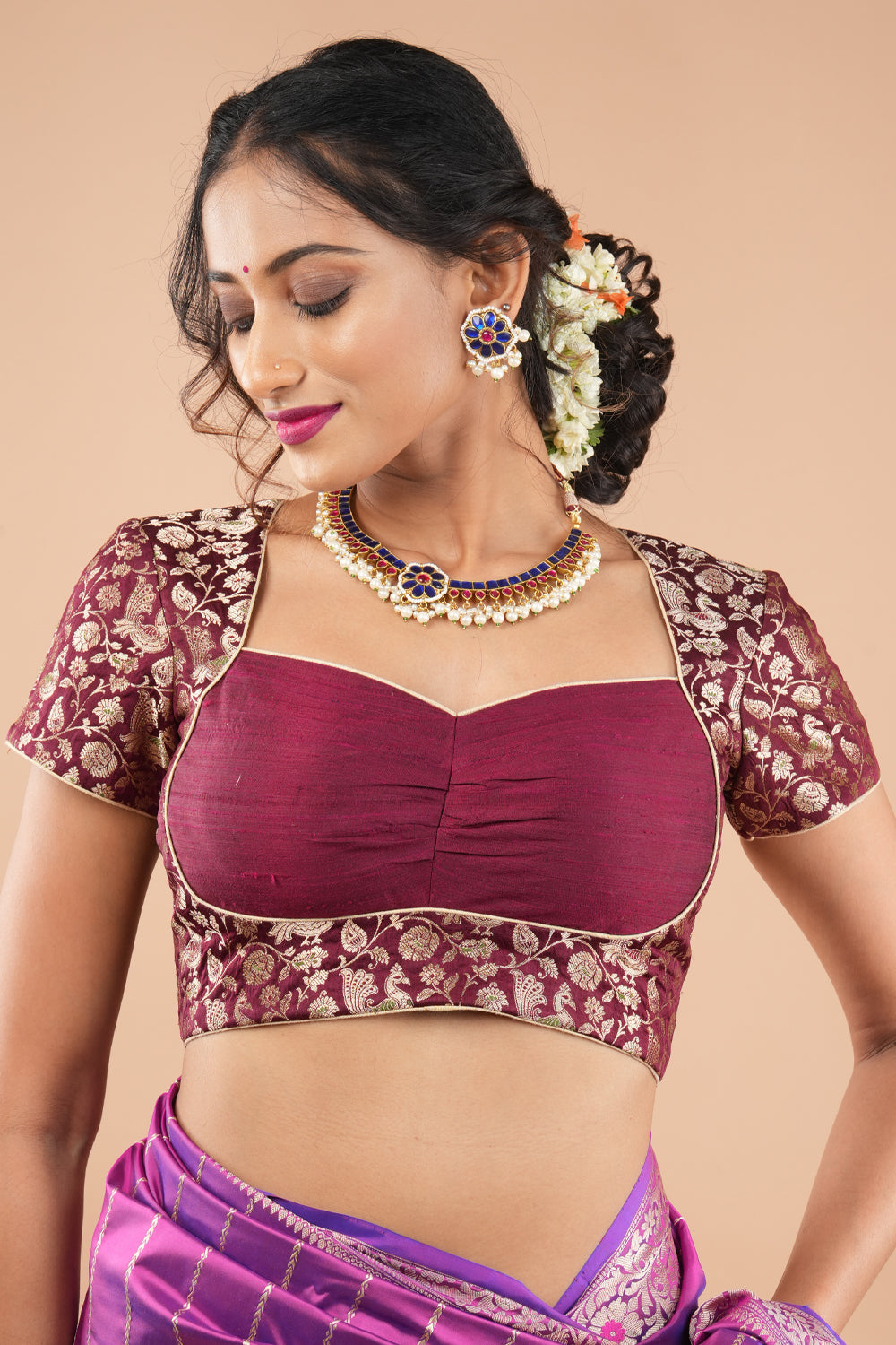 Burgundy Meenakari Brocade Cut out Blouse with golden Piping