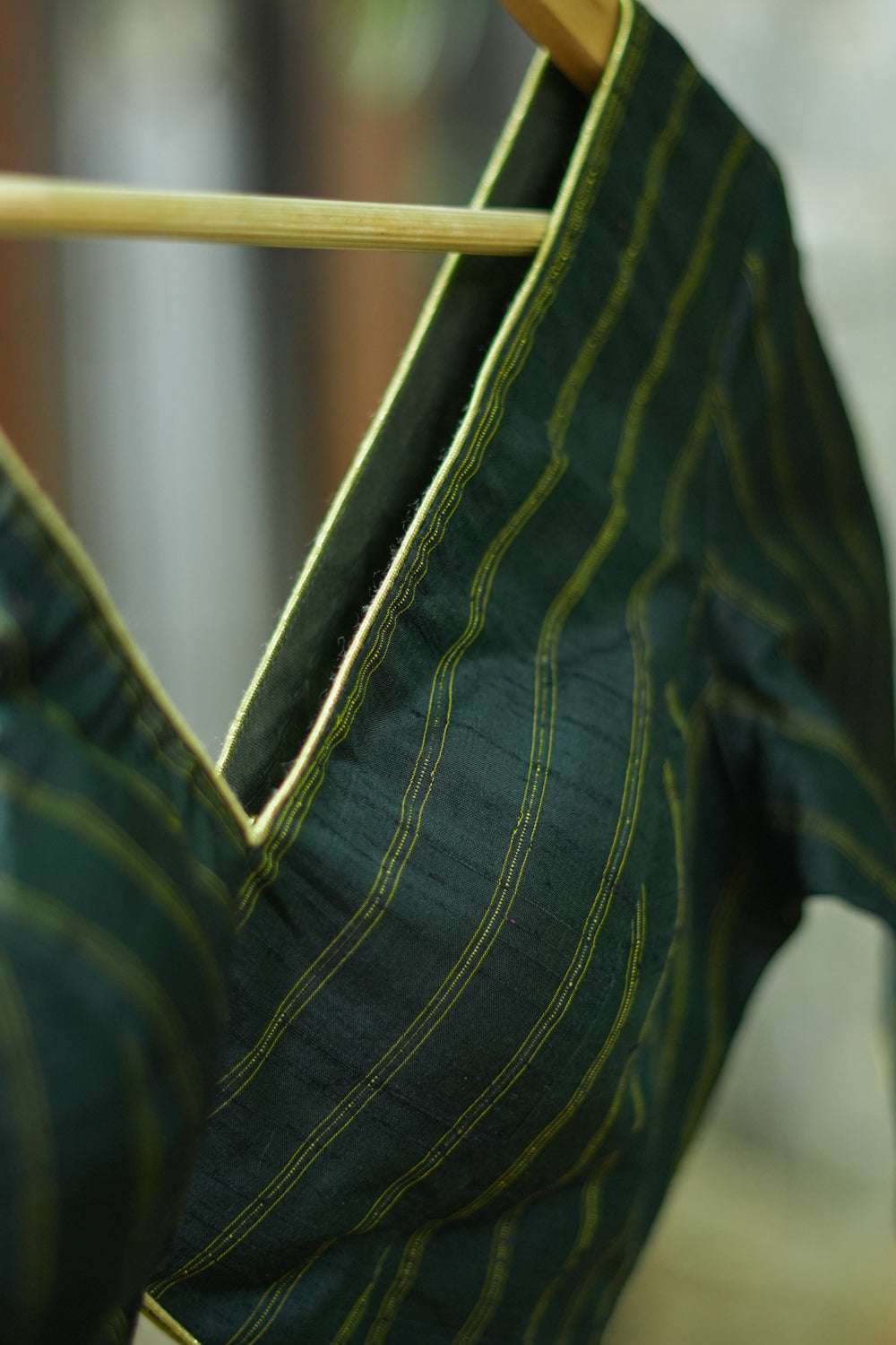 Bottle green stripes pure rawsilk V neck blouse