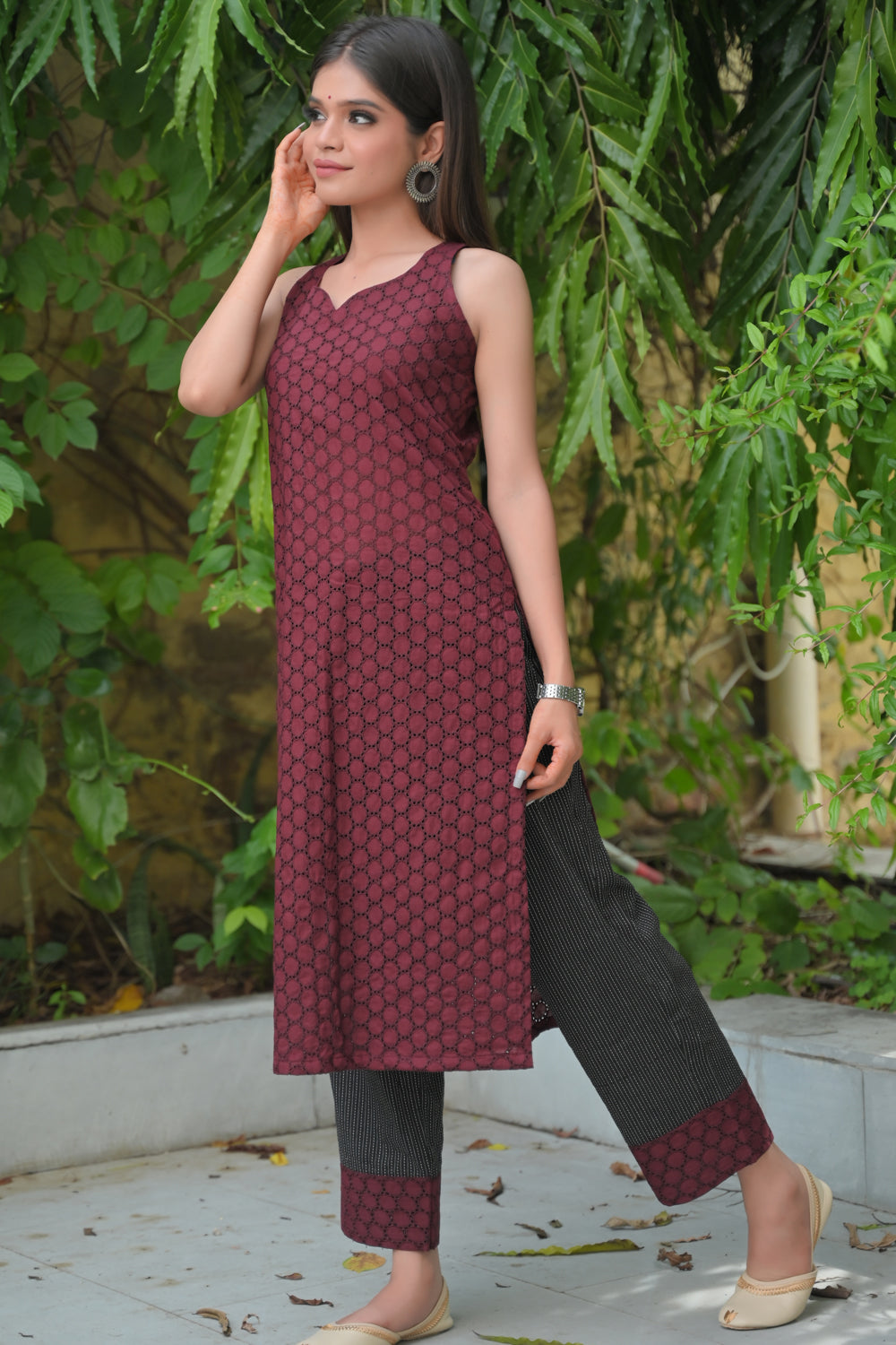 Aadhya : Maroon Hakoba and Black Cotton Kurti and Ankle Length Pant - 2 piece Indo Western Set | Made To Order