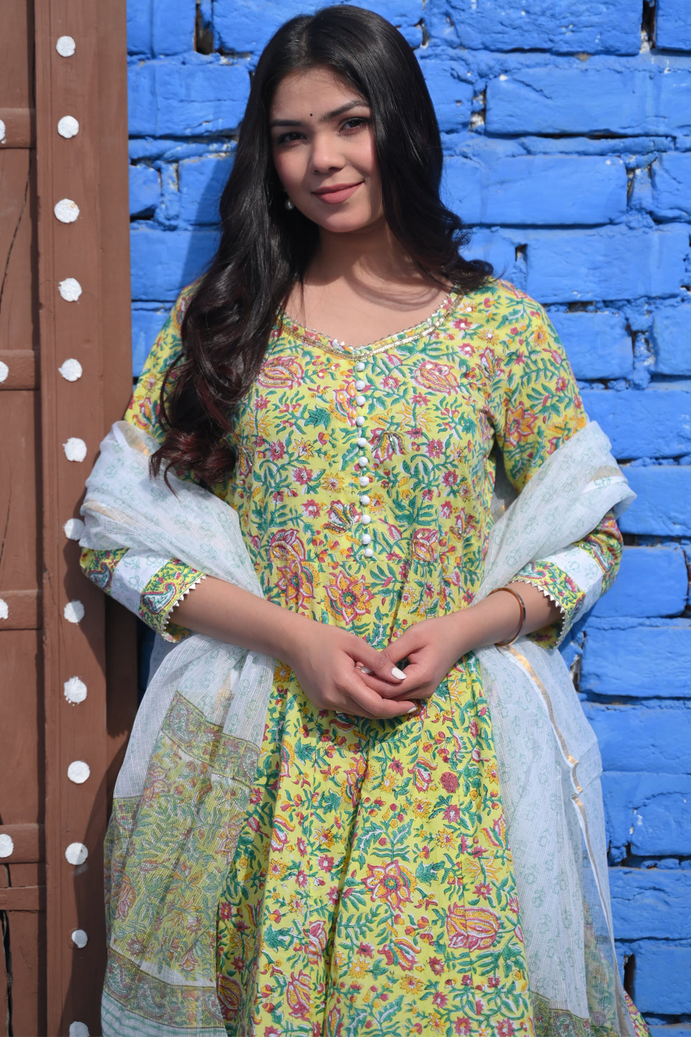 Lime Lotus Kurti and flair Sharara Cotton Set with Lace detailing border| Made To Order