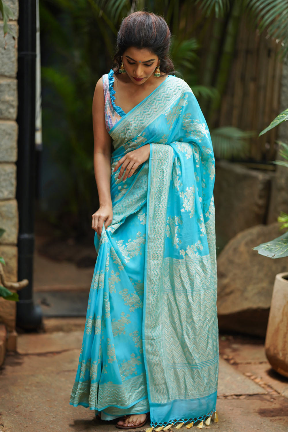 Turquoise Pure Silk Georgette Saree with Rose Jaal | SILK MARK CERTIFIED