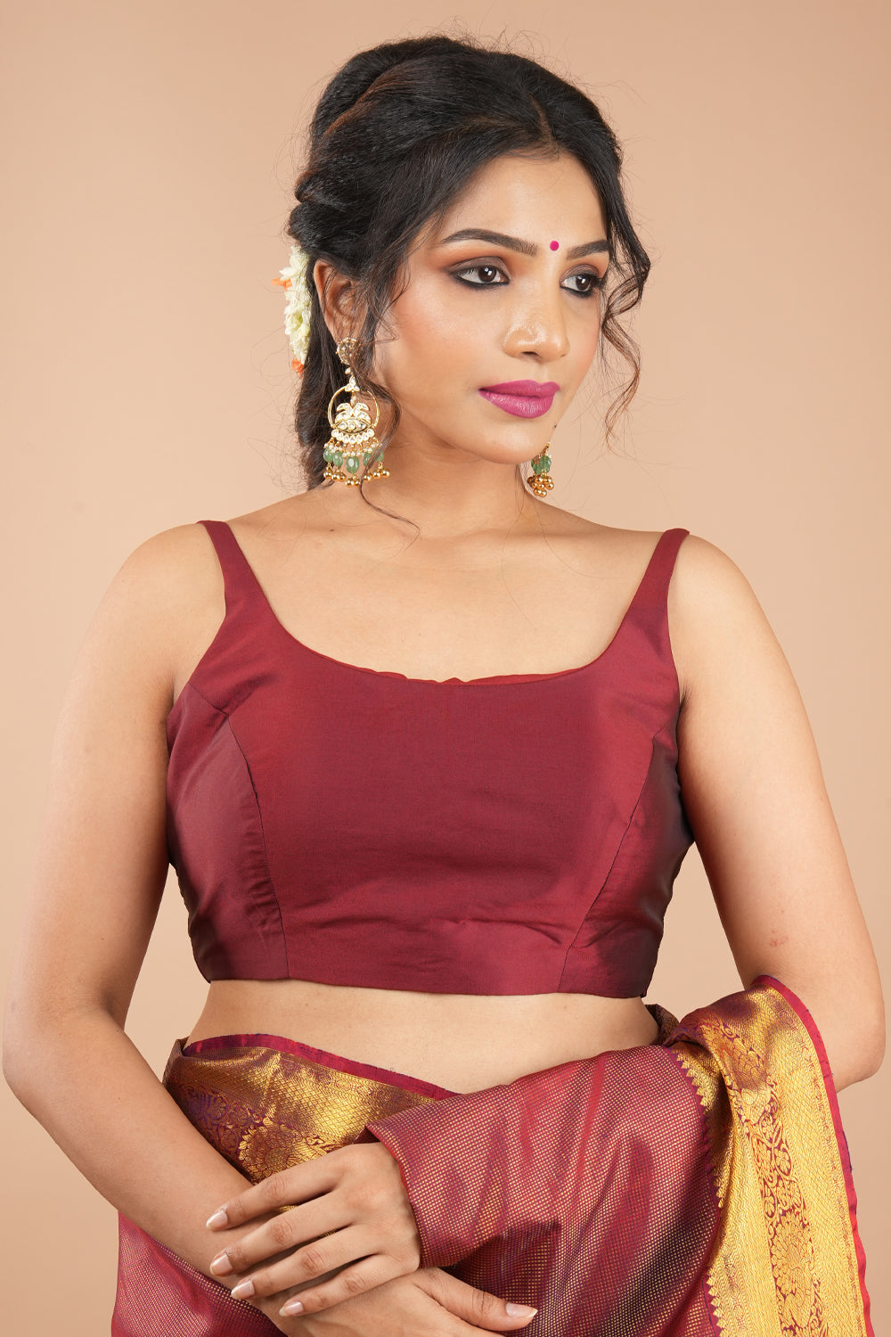 Maroon Sleeveless Silk Blouse with Scoop Neck Front