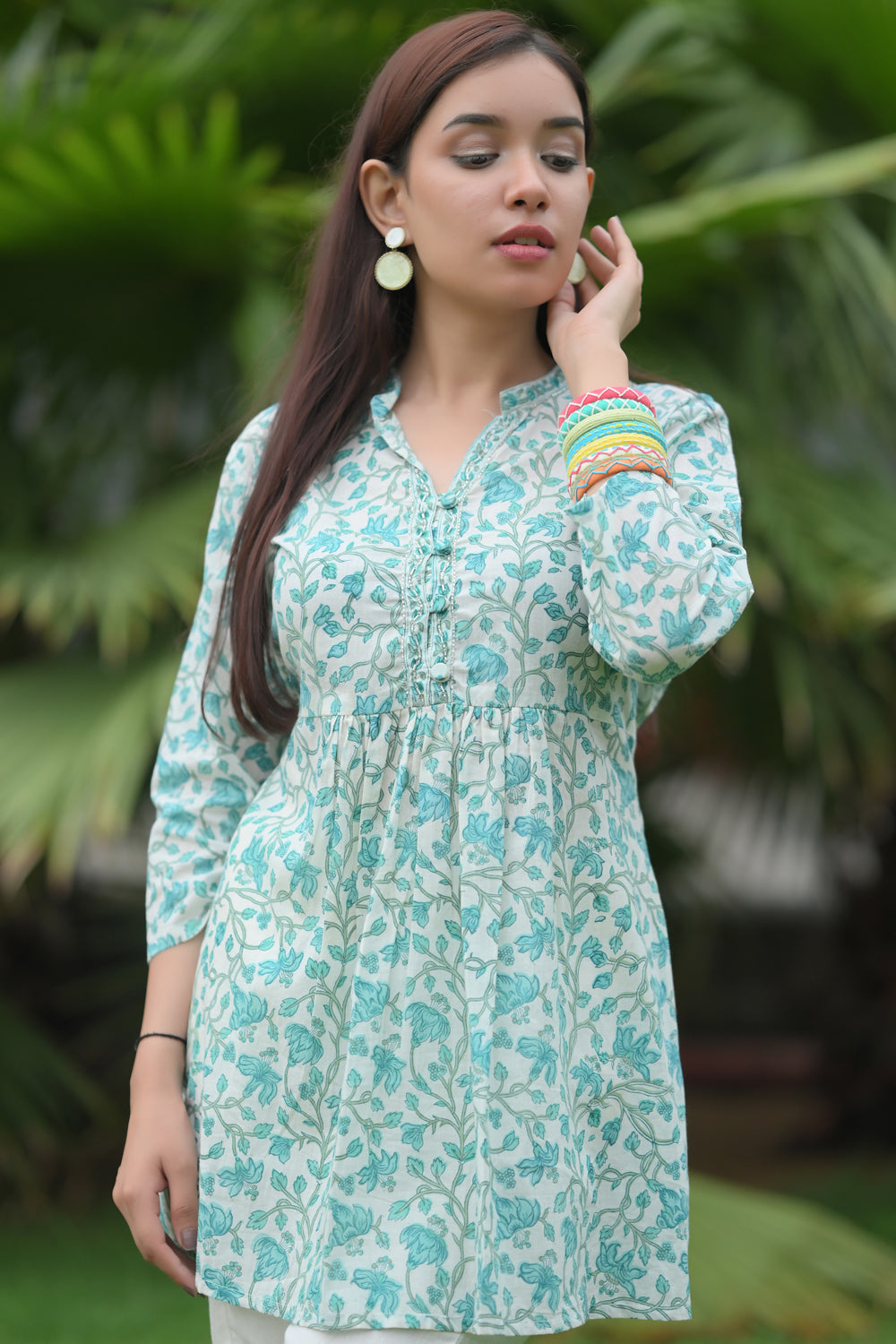 Aqua Blue Short Kurti and White pant set | Made To Order
