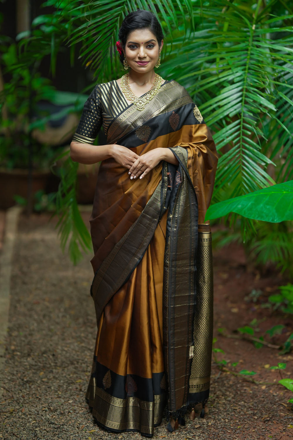 Exquisite Honey Mustard Kanjivaram Silk Saree with 2 Side 9" Stacked Borders SILK MARK CERTIFIED