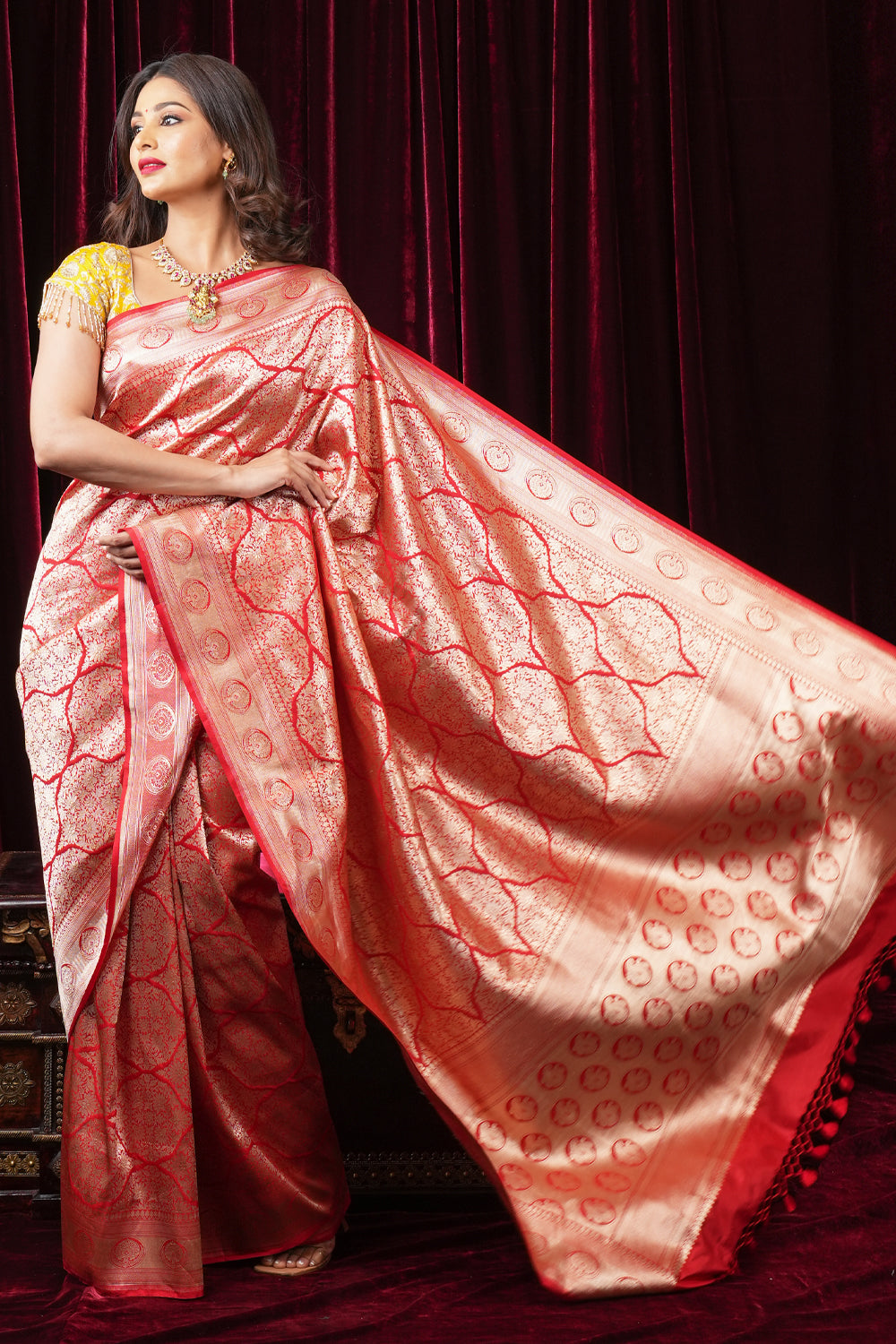 Magnificent Banarasi Katan Silk saree in Red with Persian Trellis Jaal | SILK MARK CERTIFIED