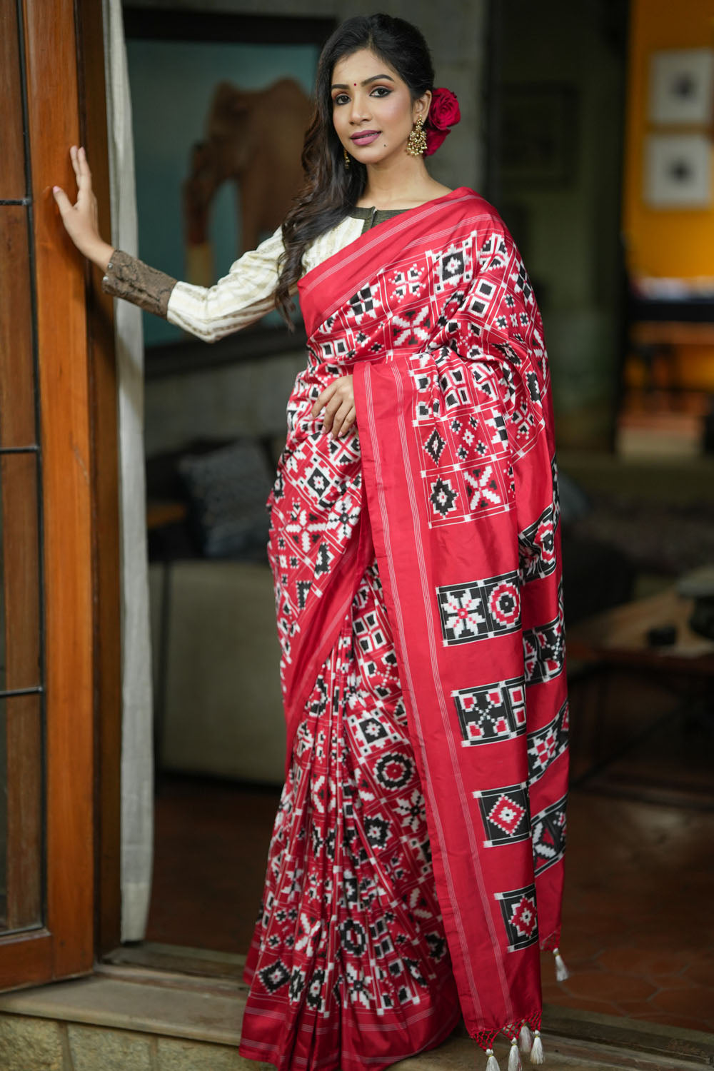 Exquisite Telia rumal 12 motif ikkat pure silk handwoven saree/SILK MARK CERTIFIED