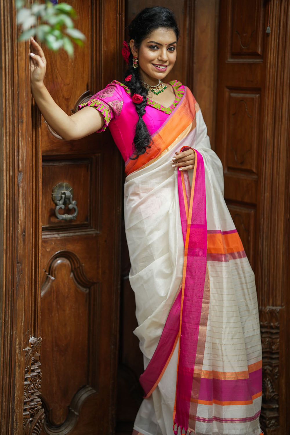 White silk maheshwari with ganga jamuna border
