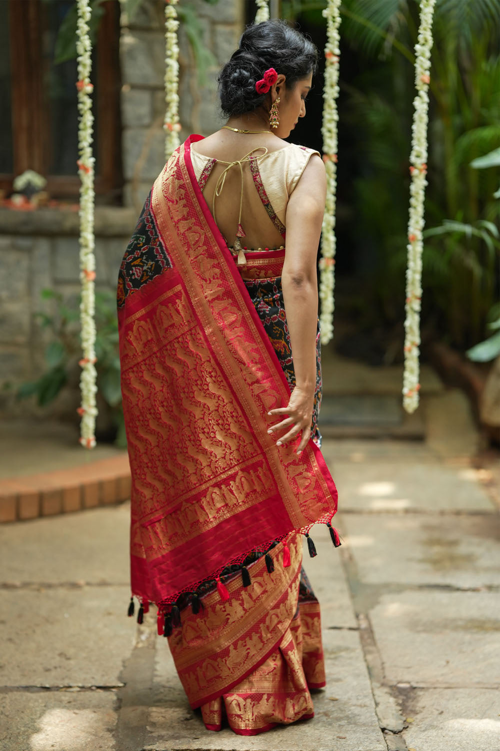 Ikkat Kanjivaram Fusion Silk Saree in Black & Red with Wide Zari Border | SILK MARK CERTIFIED