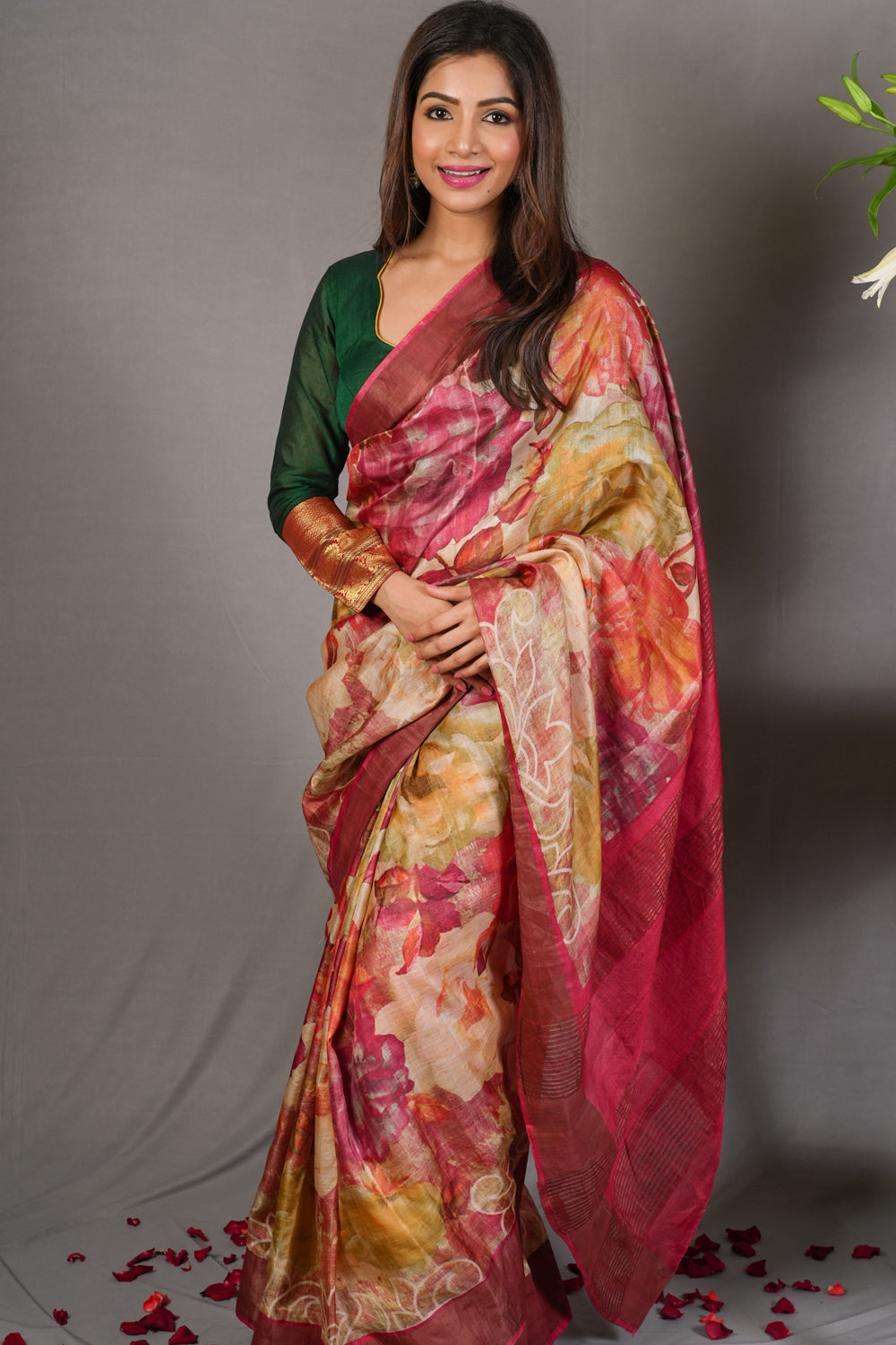 Jari Tussar Silk Saree with Floral Digital Print in Beige | SILK MARK CERTIFIED