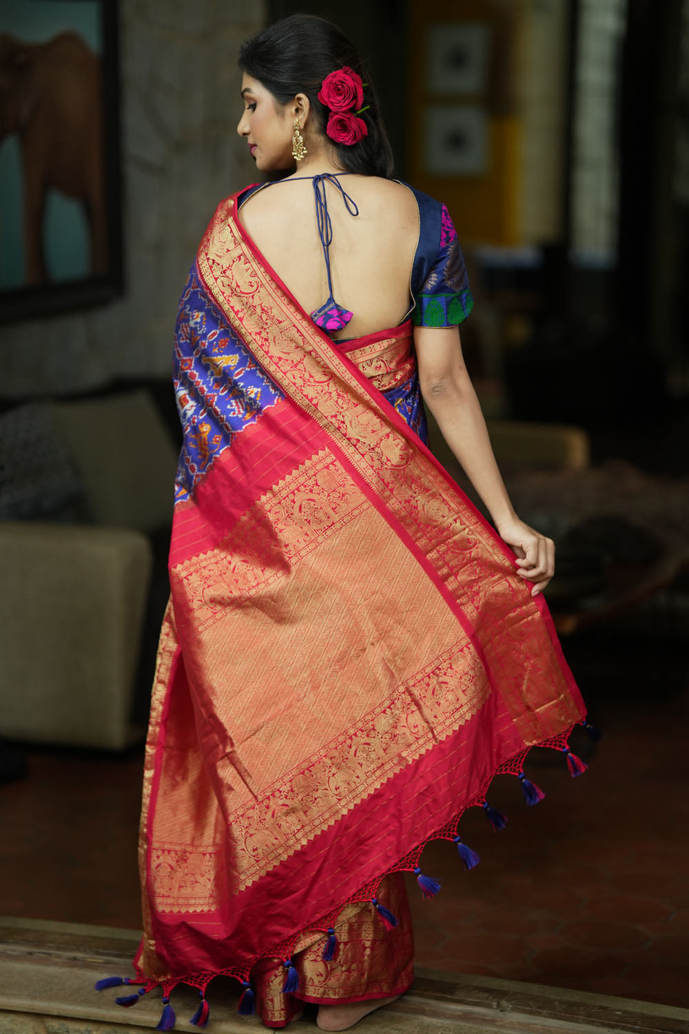 Blue Red Ikkat Patola and Kanjivaram Pure Silk Fusion Saree in SILK MARK CERTIFIED