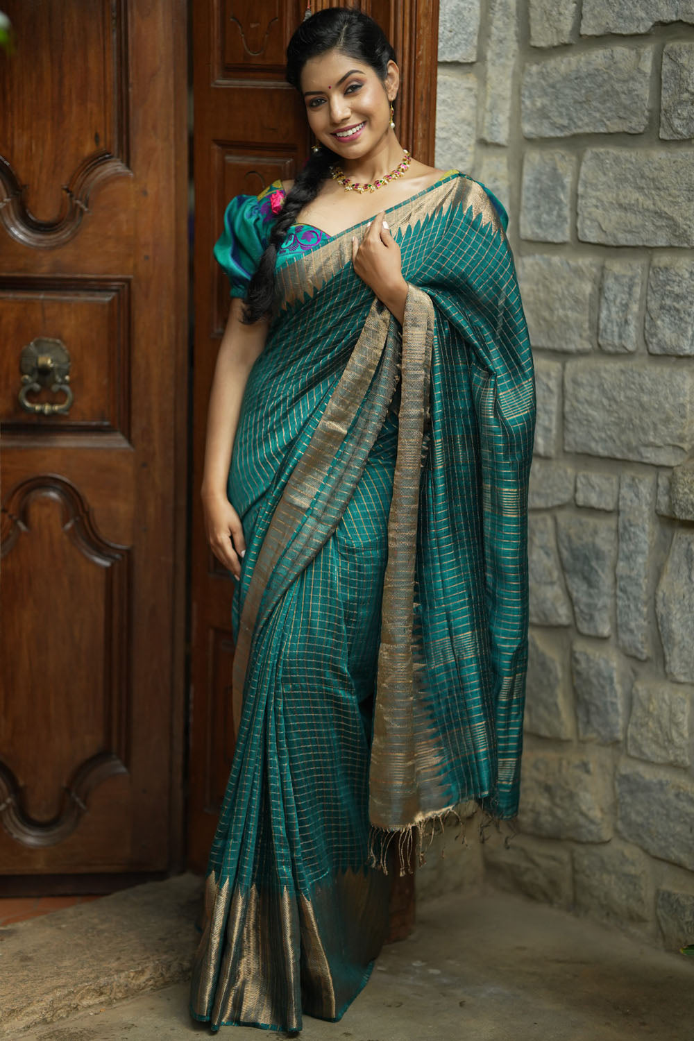 Rama green matka silk with zari checks and wide zari temple border Saree