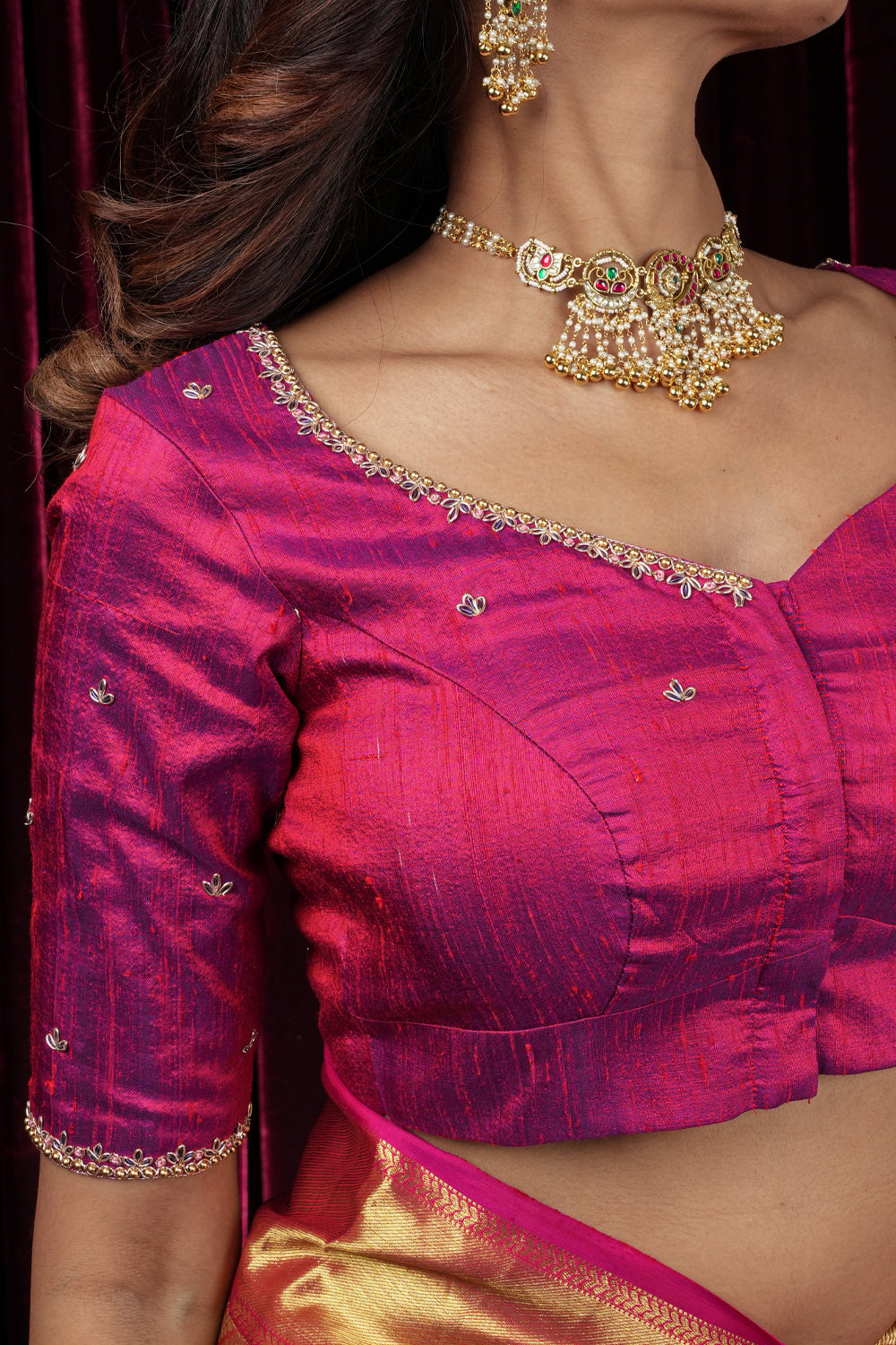 Kolhapuri Mahalakshmi Handwork Blouse on Fuchsia Dual Tone Pure Raw Silk | Made to Order