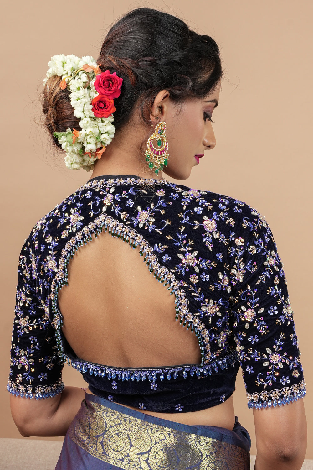 Exquisite Jadau Blouse sequin and crystal handwork on navy blue velvet blouse , Made to Order