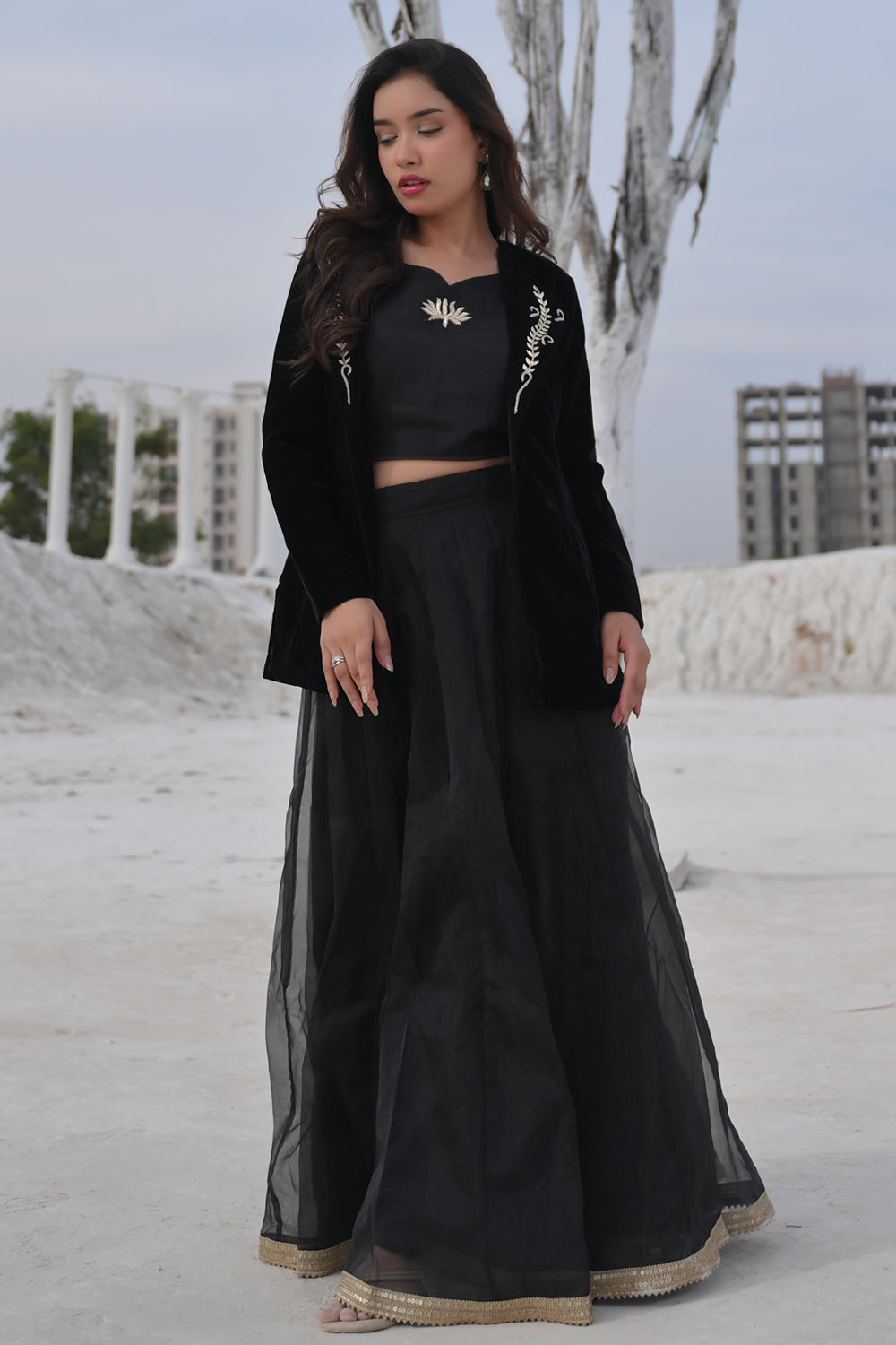 Saira Blouse, Blazer and skirt set in Black | Made To Order