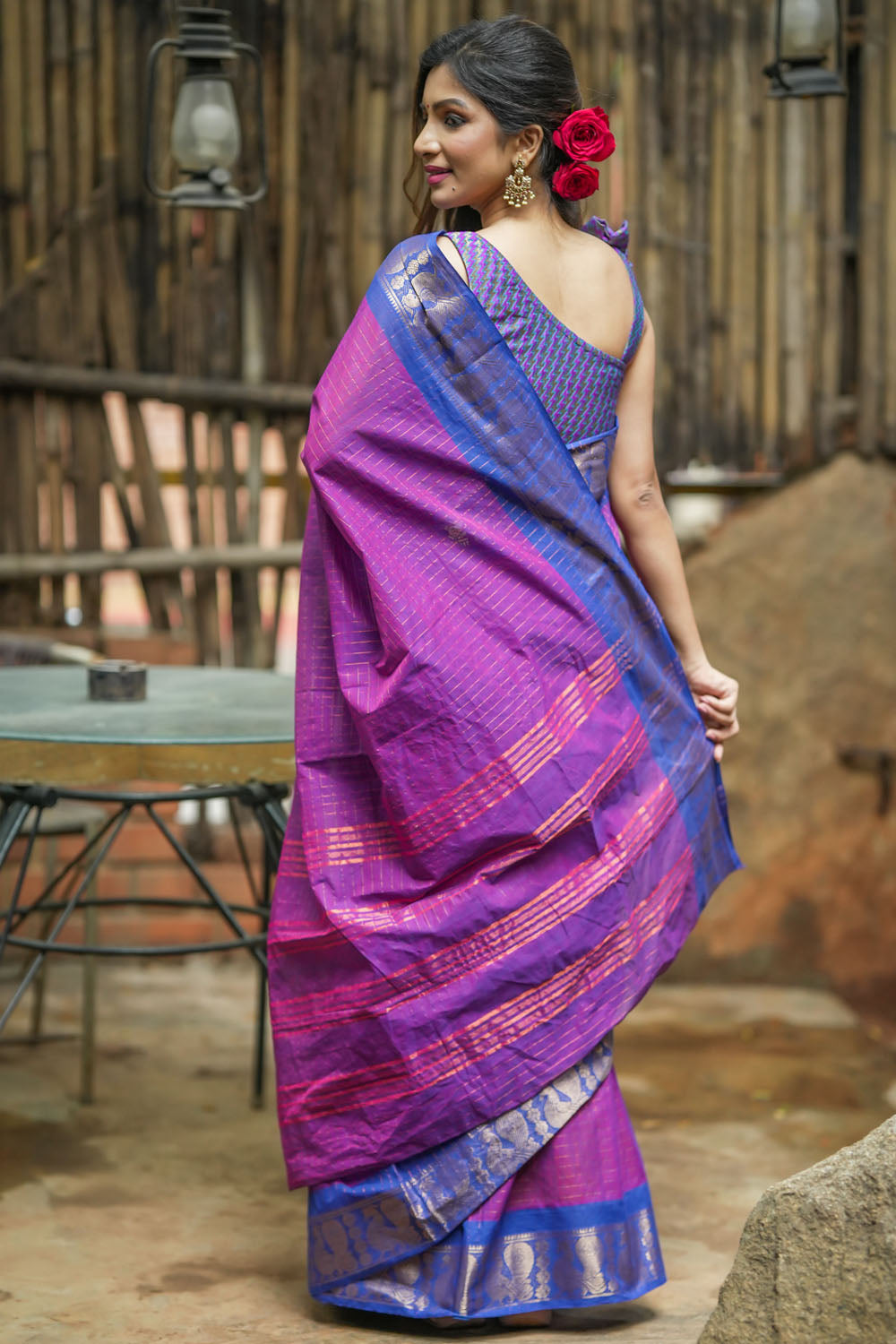 Dual tone plum chettinadu Cotton Zari Checks Saree