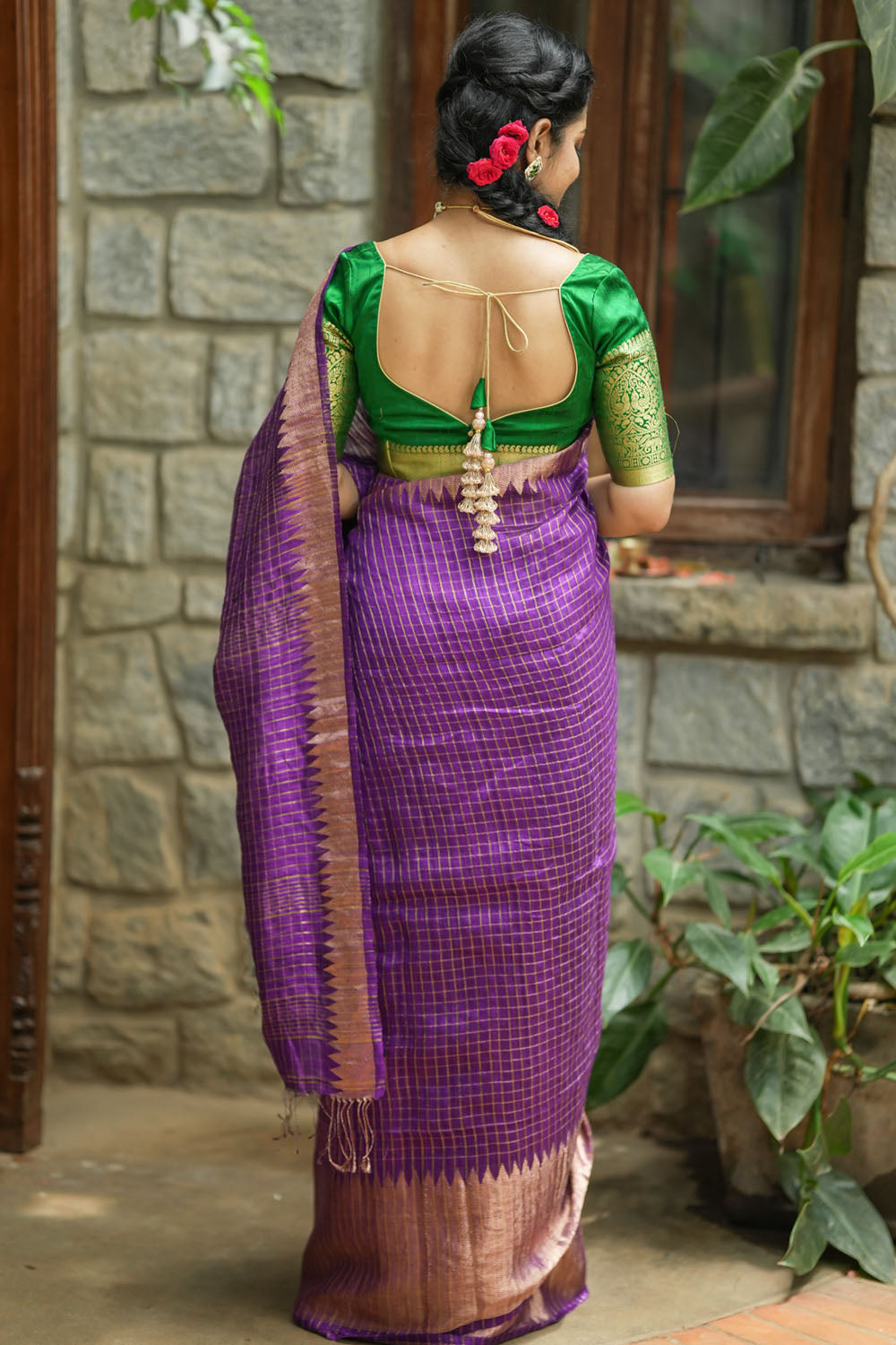 Matka Silk Saree in Purple with Zari Checks and Wide Zari Temple Border | SILK MARK CERTIFIED