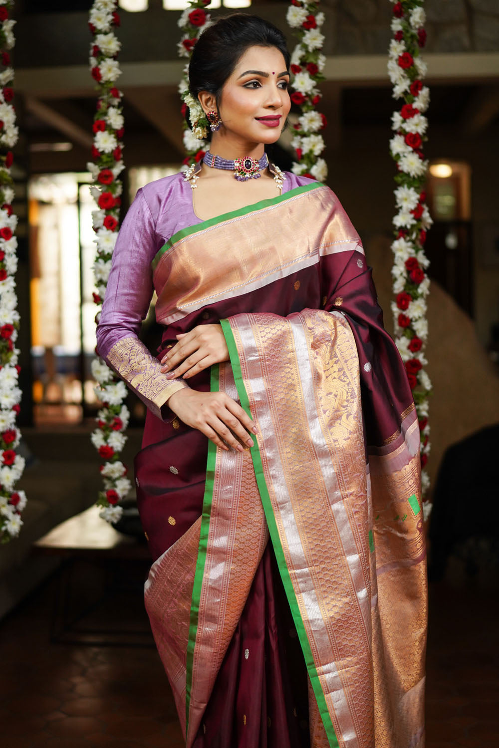 Maroon Pure Gadwal Silk Saree with Wide Golden Zari ' 11.2 Borders and Meenakari Pallu | SILK MARK CERTIFIED