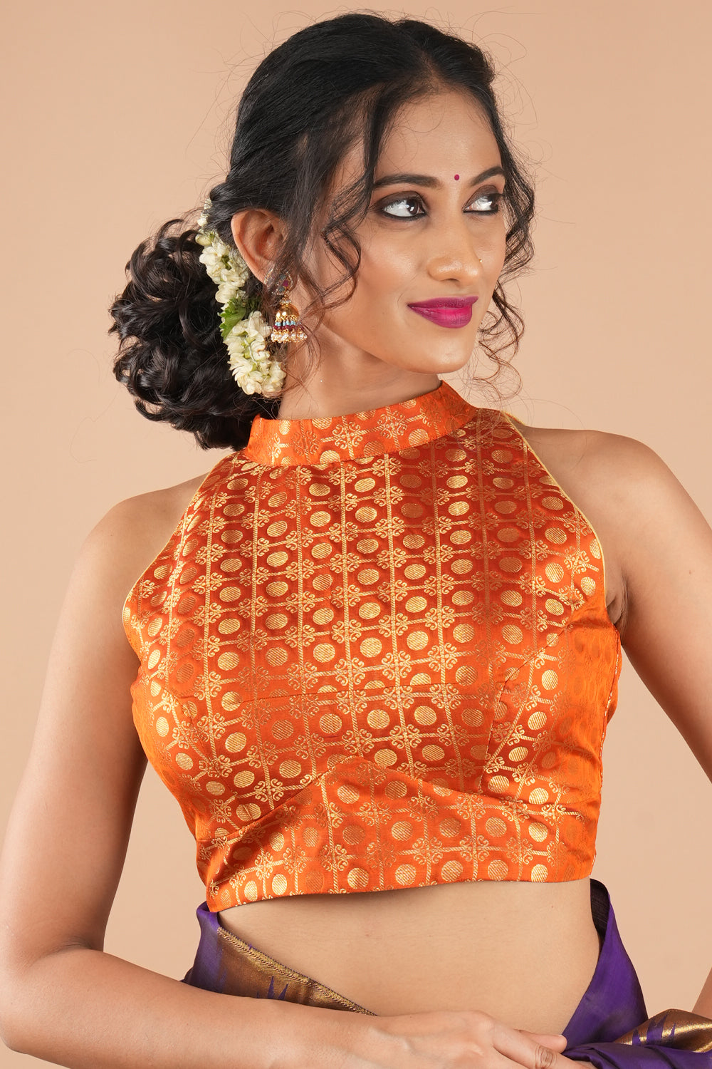 Sunset Orange Pure kanjivaram silk zari brocade halter neck blouse