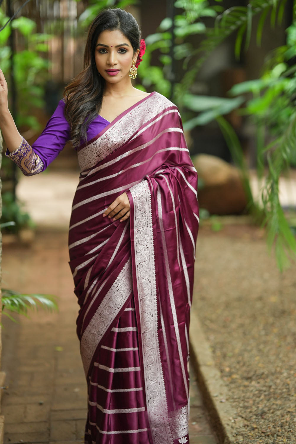 Wine viscose Satin Saree With Silver Zari Stripes and Pichwai Pallu