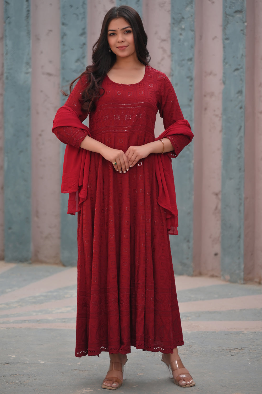 Ruby Chikankari Style Eyelet Anarkali Set in Red 3 Piece Set | Shobitam Made to Order