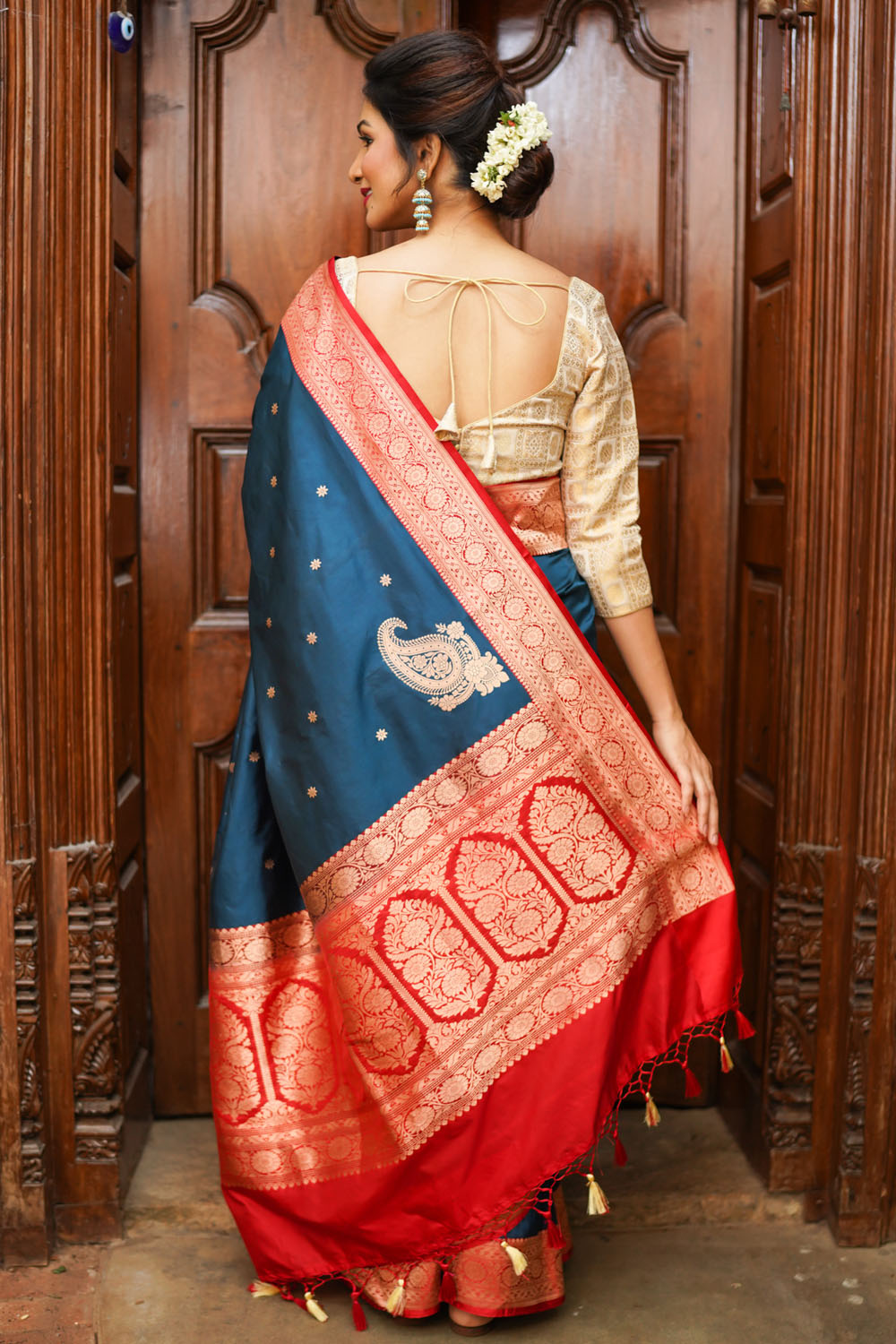 Prussian Blue Banarasi Katan Silk Saree with Chunri Buttis and Koniya Motifs | SILK MARK CERTIFIED